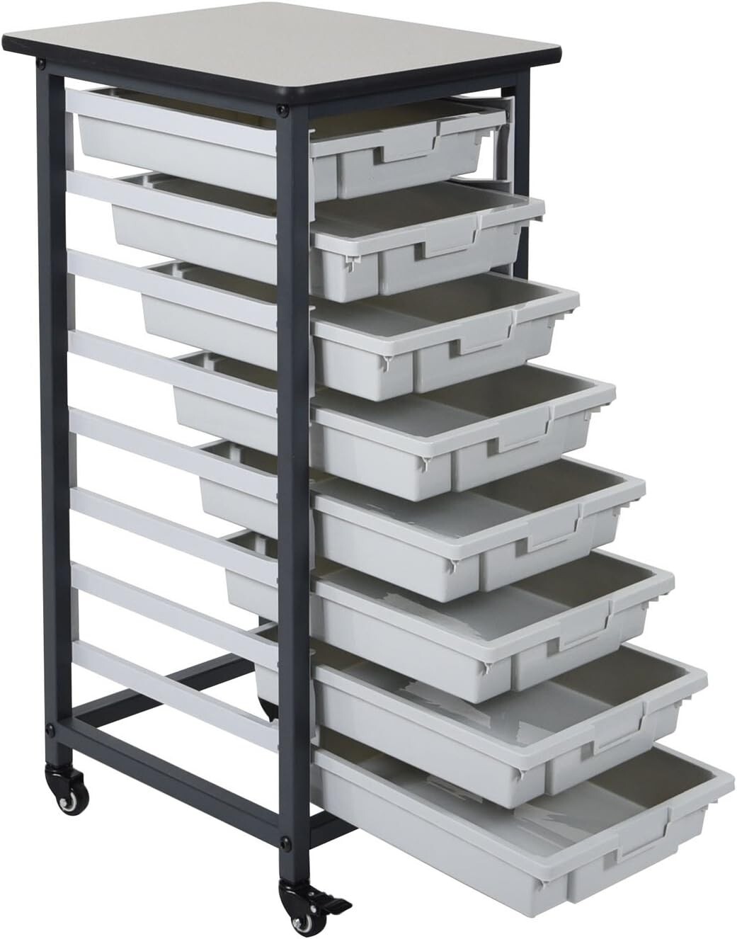 LUXOR MBS-SR-8S Mobile Bin Storage Unit - Single Row with Small Gray Bins