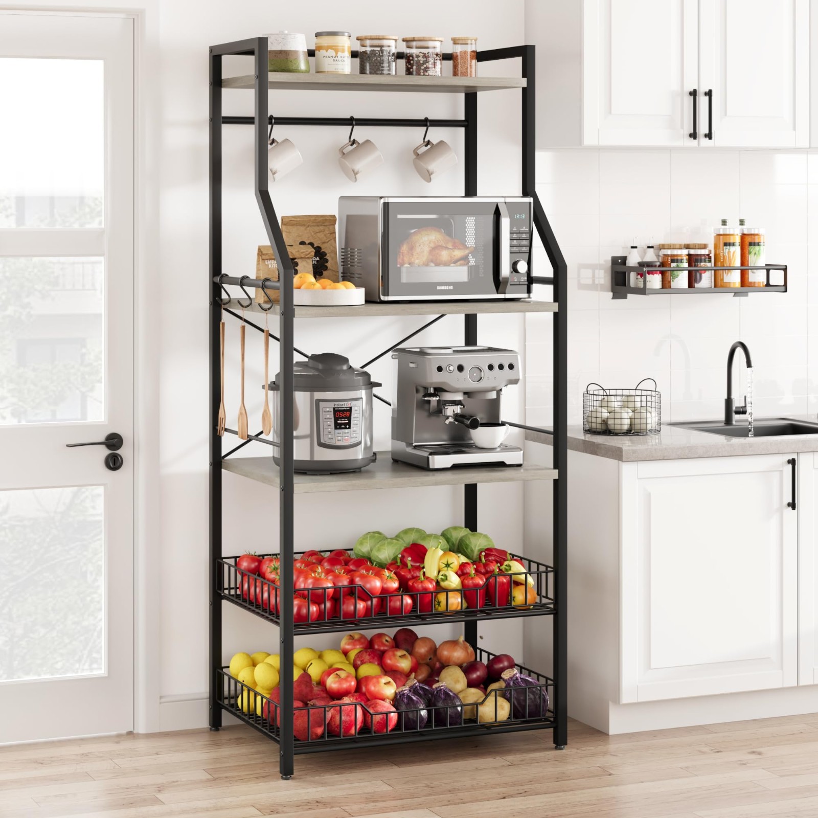 5 Tier Bakers Rack Coffee Bar Station w/ 2 Wire Basket Microwave Stand w/8 Hooks