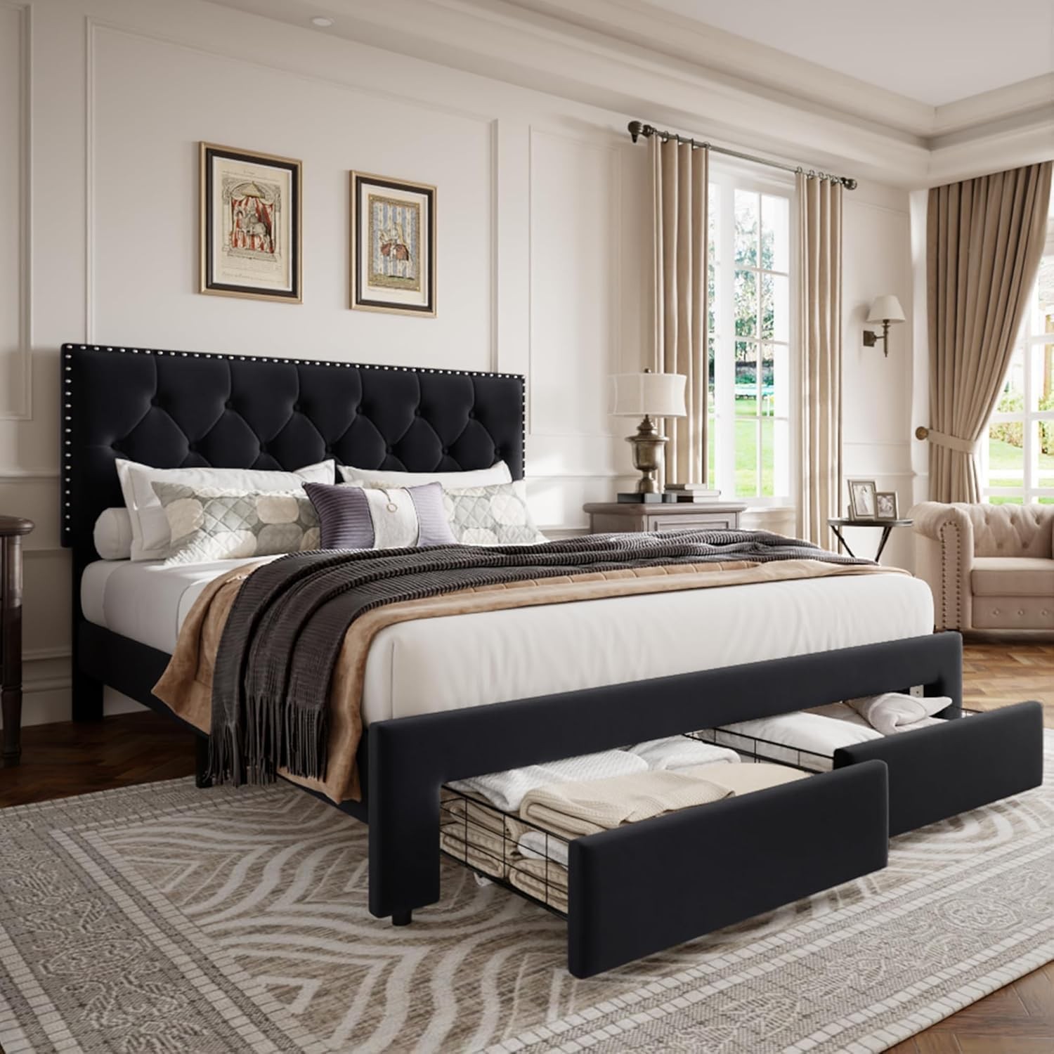 Full Size Bed Frame ,Velvet Upholstered Platform Bed Frame w/ 2 Storage Drawer