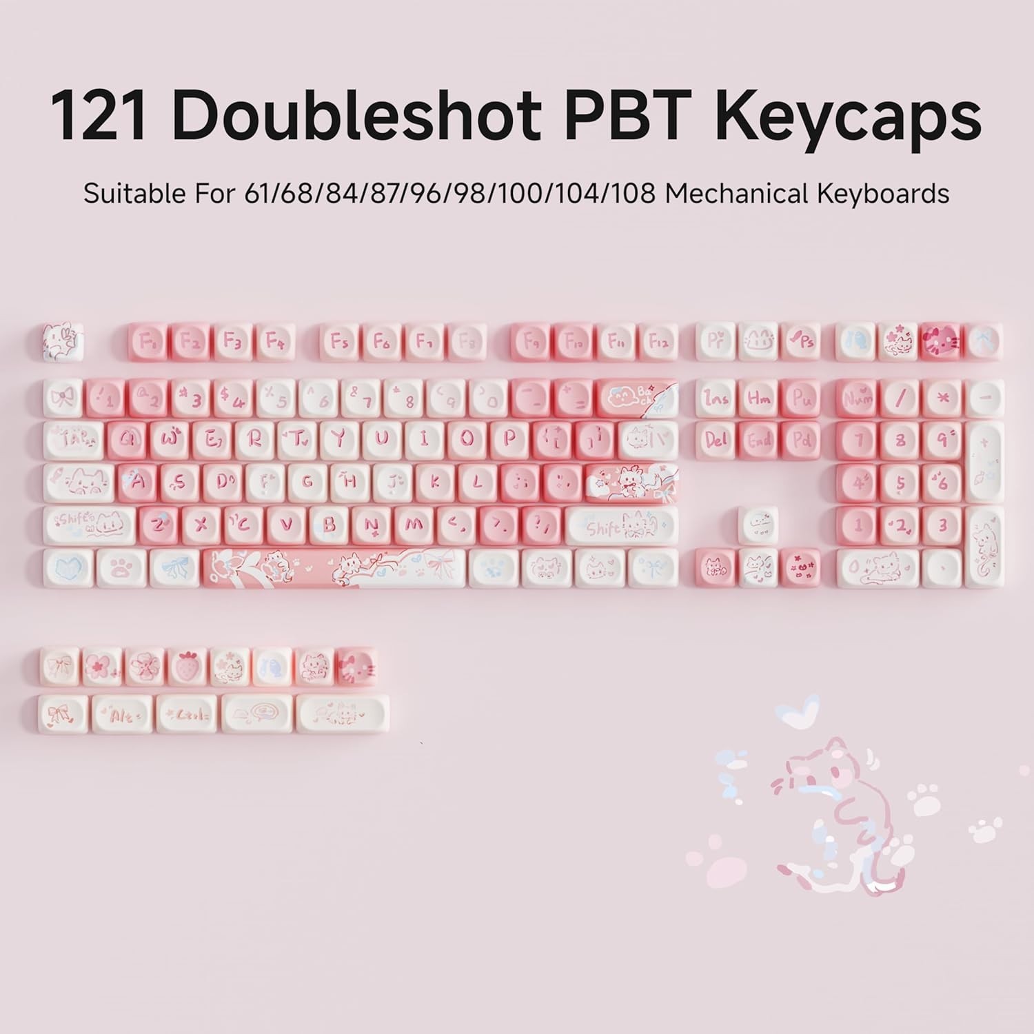 Pink MOA Cute Cat Keycaps 121 Keys Double Shot PBT Custom Universal Set
