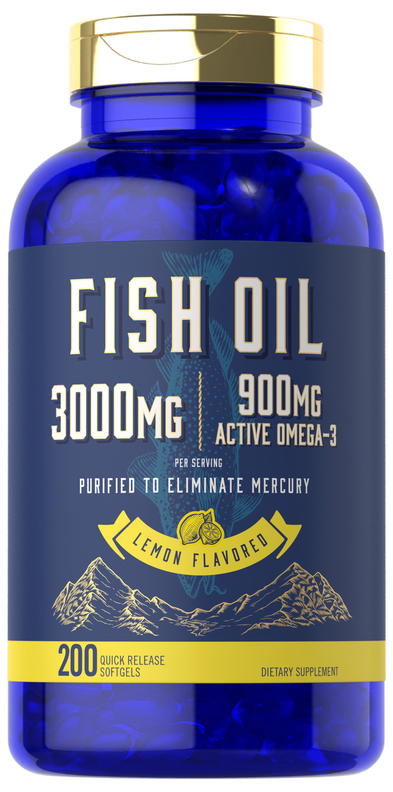 Fish Oil 3000mg | 900mg Omega 3 | 200 Softgels | Lemon Flavor | by Carlyle