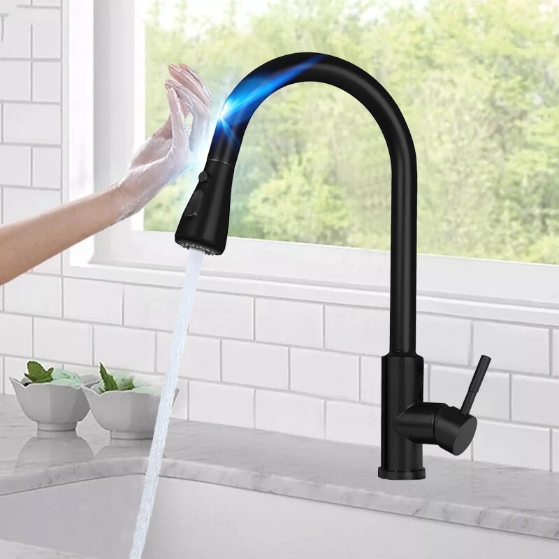 Matte Black Touch Sensor Kitchen Faucet Pull Down Sprayer Single Hole Mixer Tap