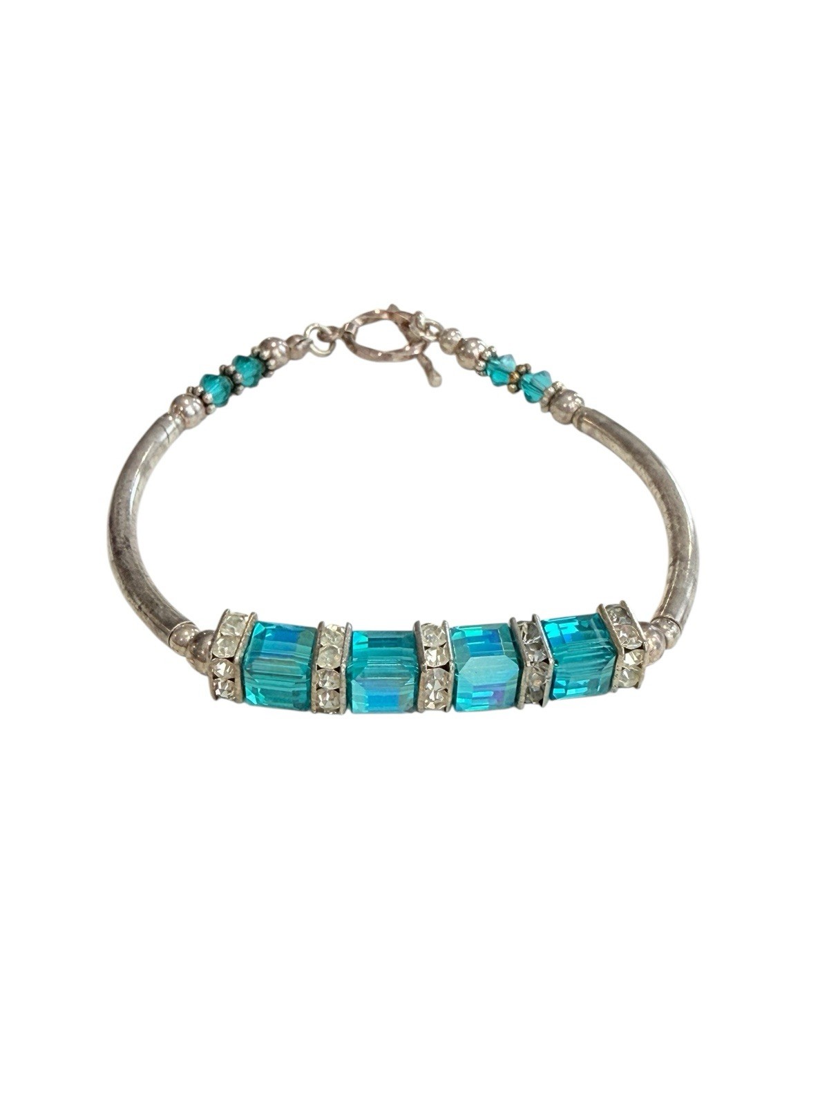 Silver Tone Bracelet Blue Crystal Rhinestone Beaded Toggle Clasp