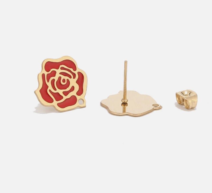 10pcs Gold Stainless Steel Red Rose Flower Ear Post Stud Earring Findings 14mm