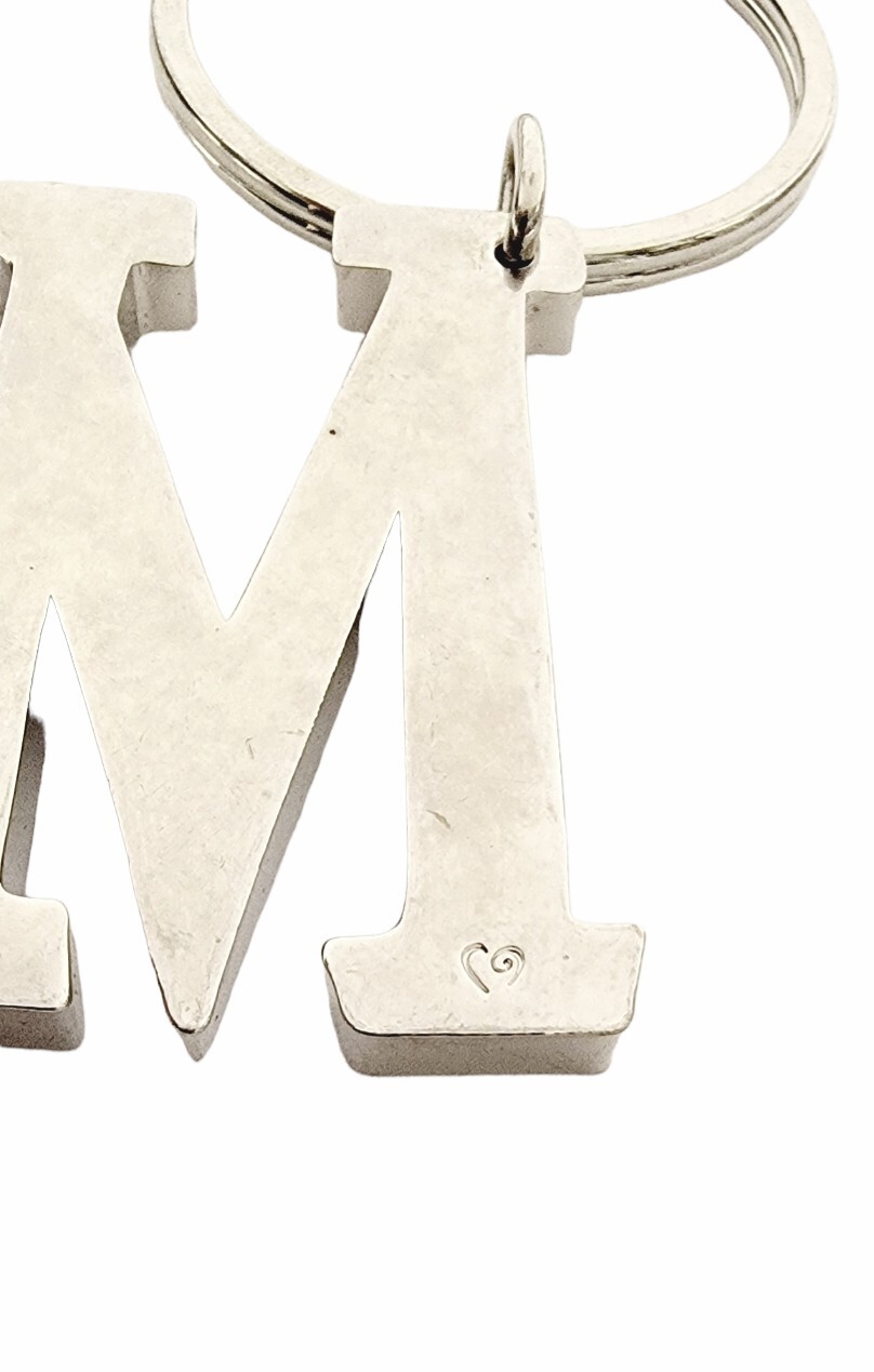 Letter M Keychain Silvertone Block Metal Script M Keyring Initial M KeyTag Ganz