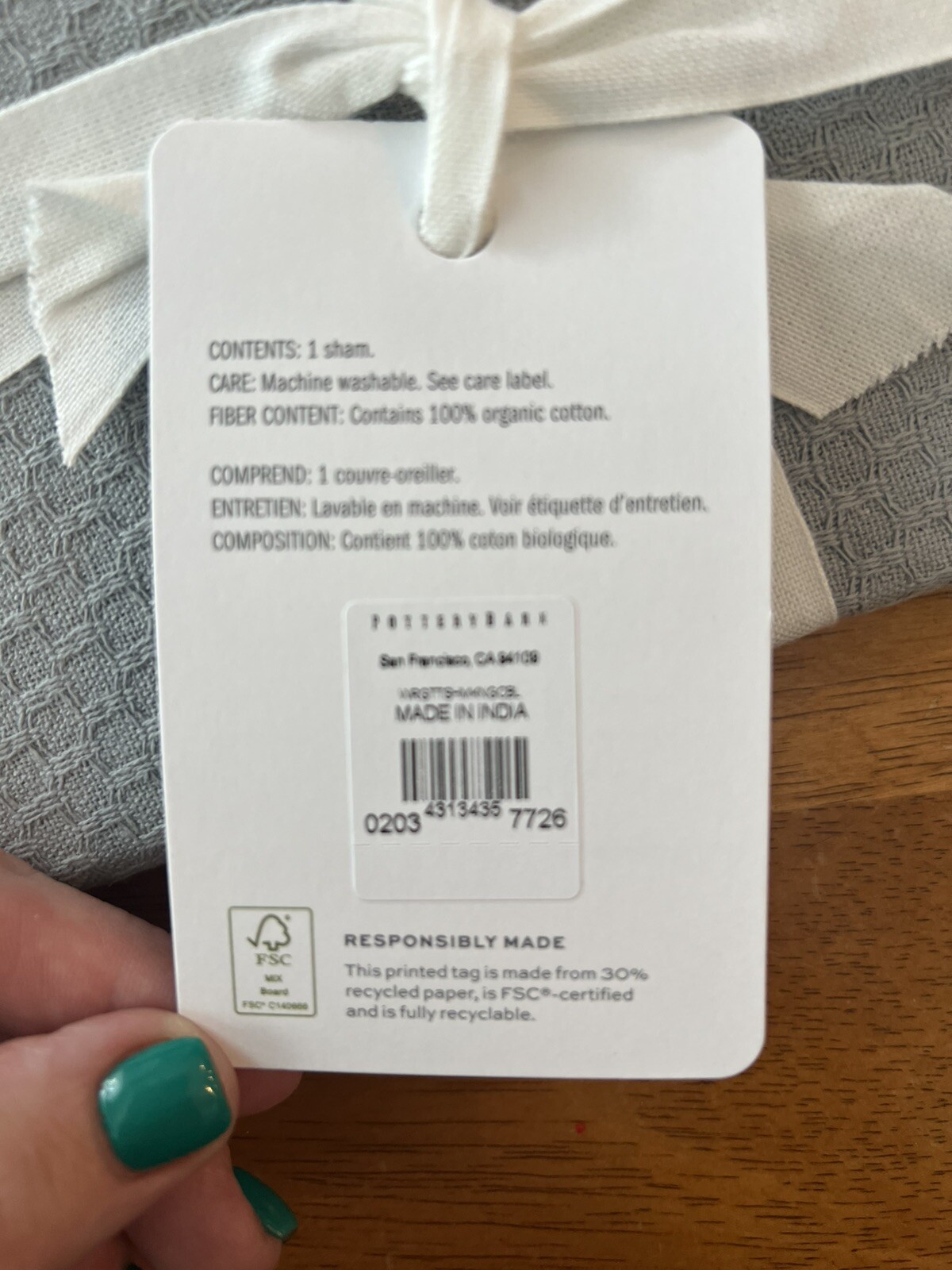 POTTERY BARN WRIGHT TEXTURED ORGANIC CLOUD GRAY KING PILLOW SHAM NEW