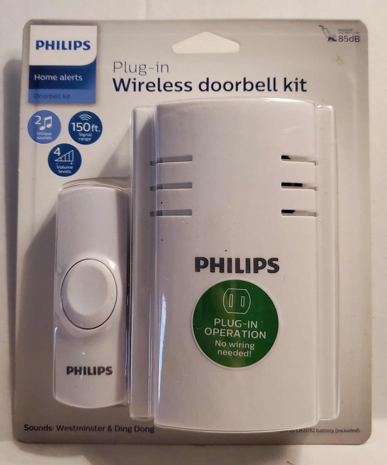 Philips Wireless Doorbell Kit Plug-In Receiver 150ft Range 2 Melodies White