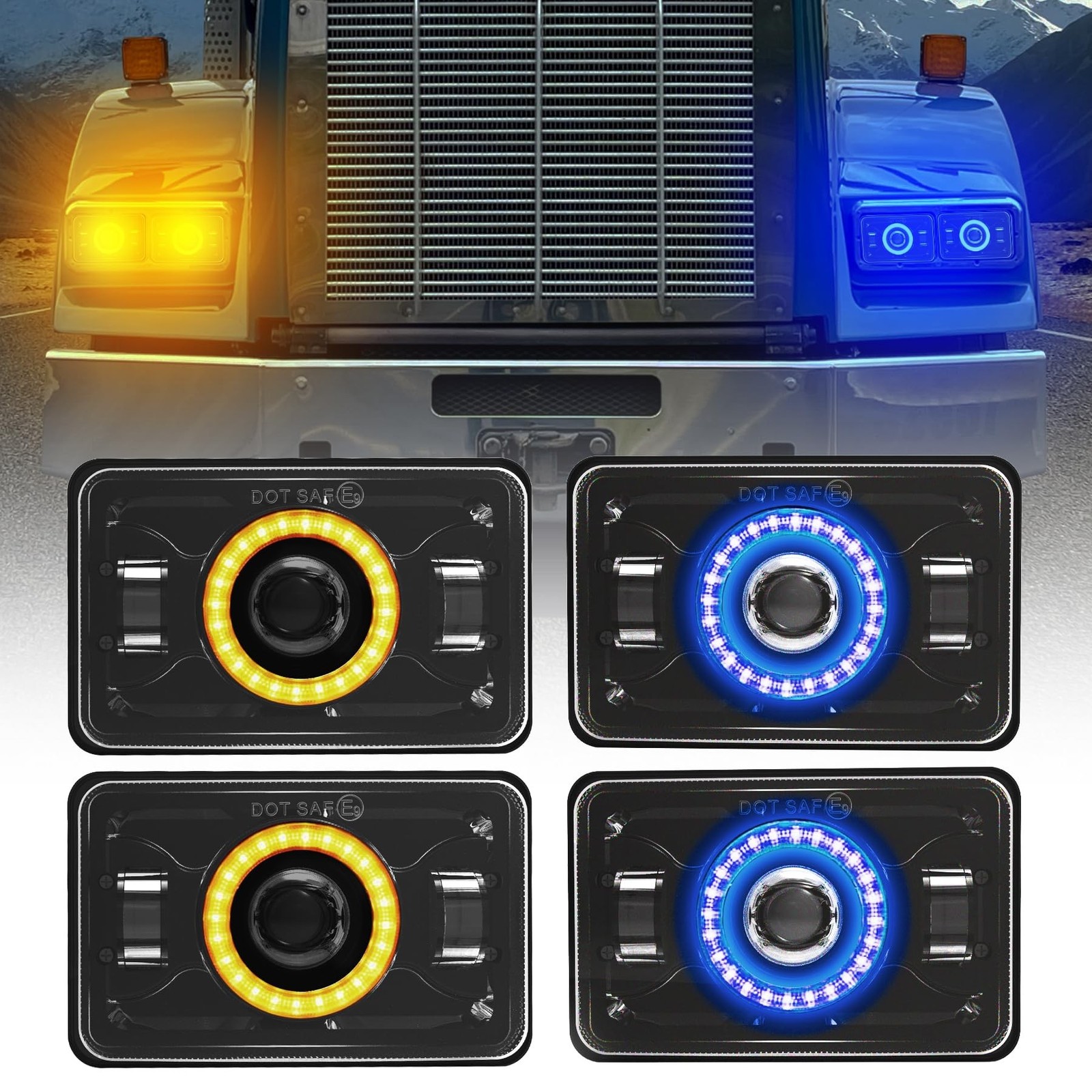 4x6 LED Headlights [Dot Approved] with Halo Blue DRL Amber Turn Signal Light ...