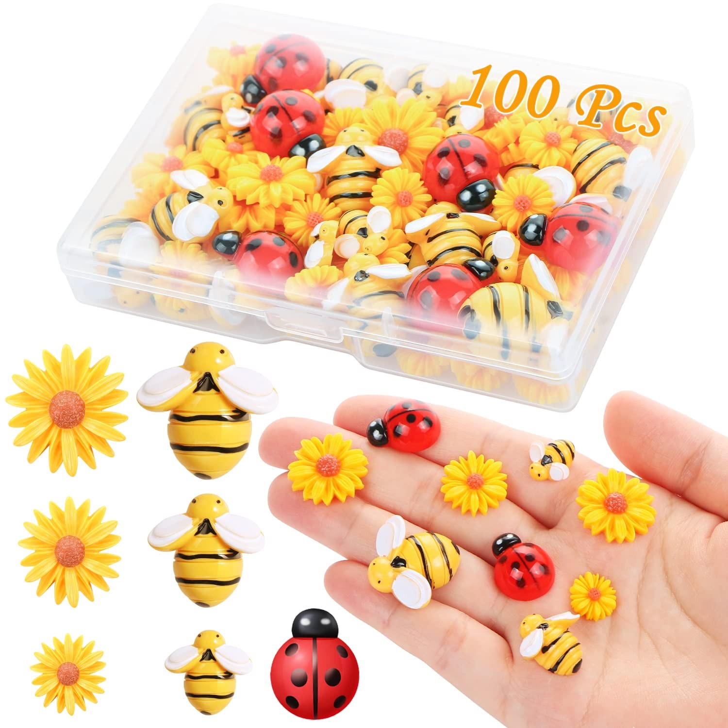 100 Pieces Tiny Resin Bees Daisy Flowers Ladybugs, Flatback Daisy Flowers Bum...