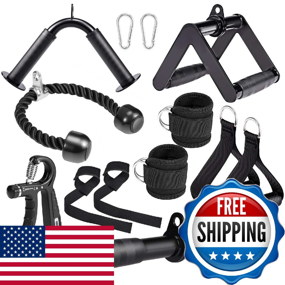 10-in-1 Cable Machine Attachments Set for Gym - Includes Tricep Rope, V-Bar, Str
