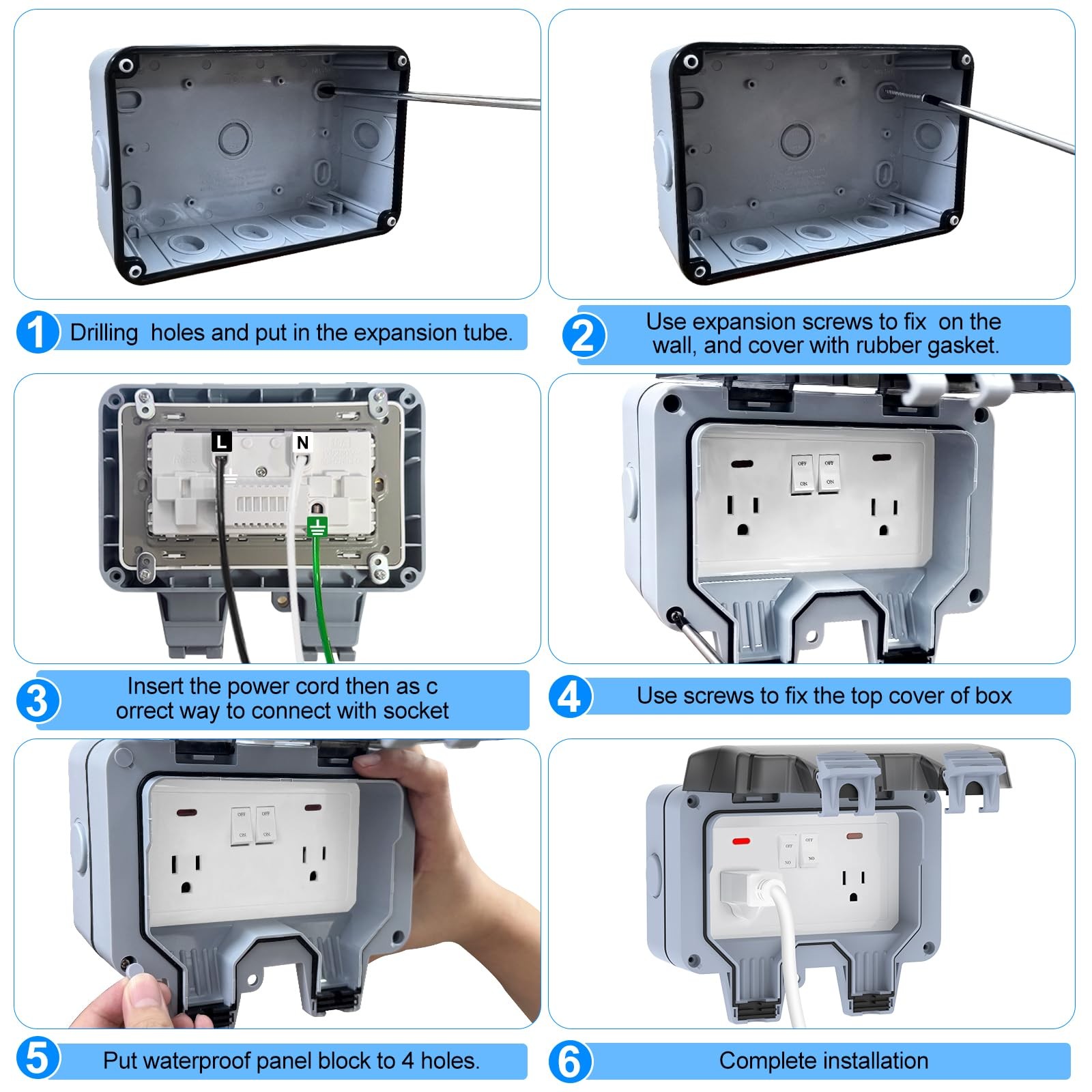 Double Outdoor Outlet with Box Waterproof IP66 Electrical Grey