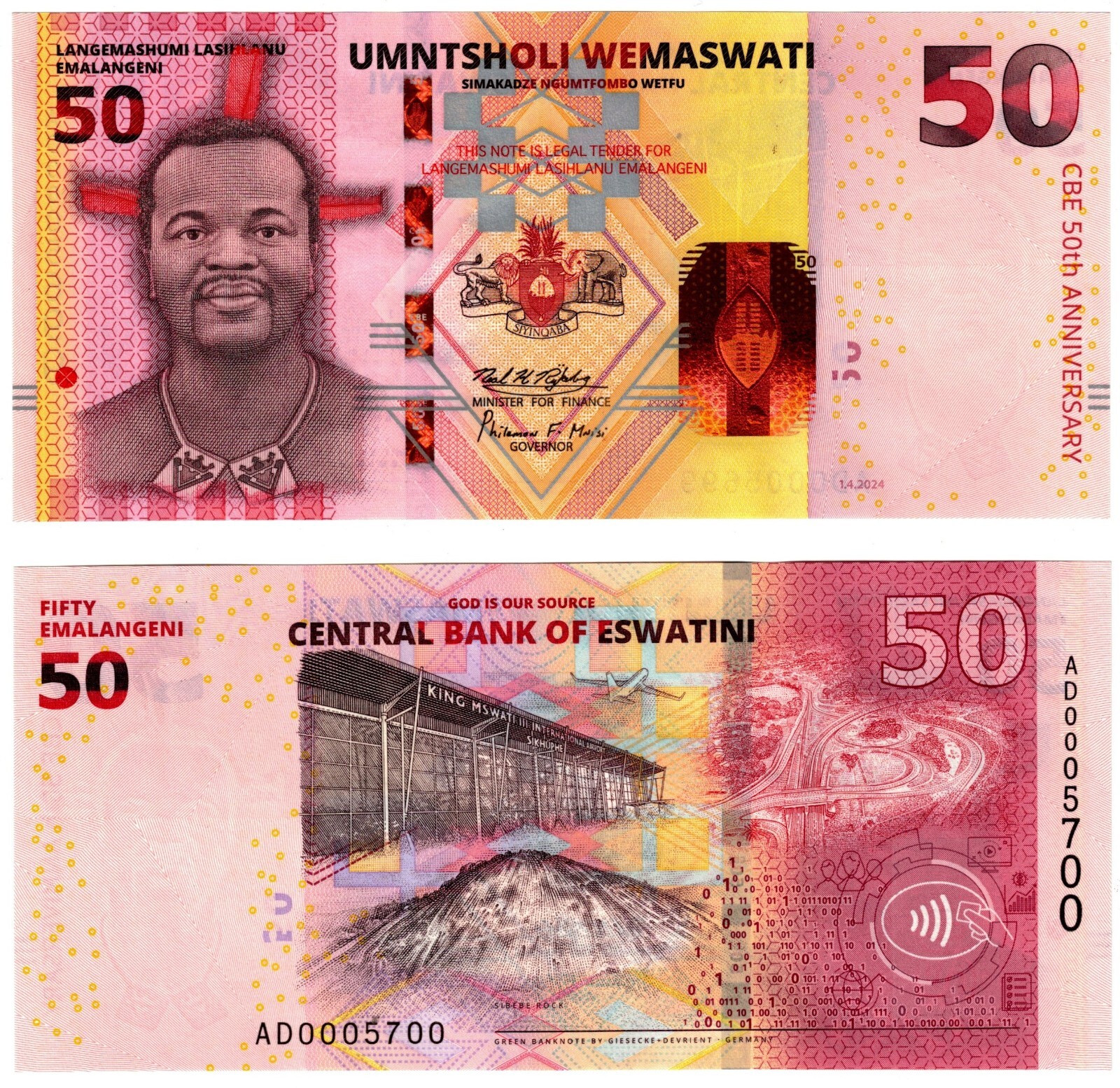 2024 Eswatini Swaziland Banknote P46 50 Emalangeni UNC Cmemorative 50th Anniv