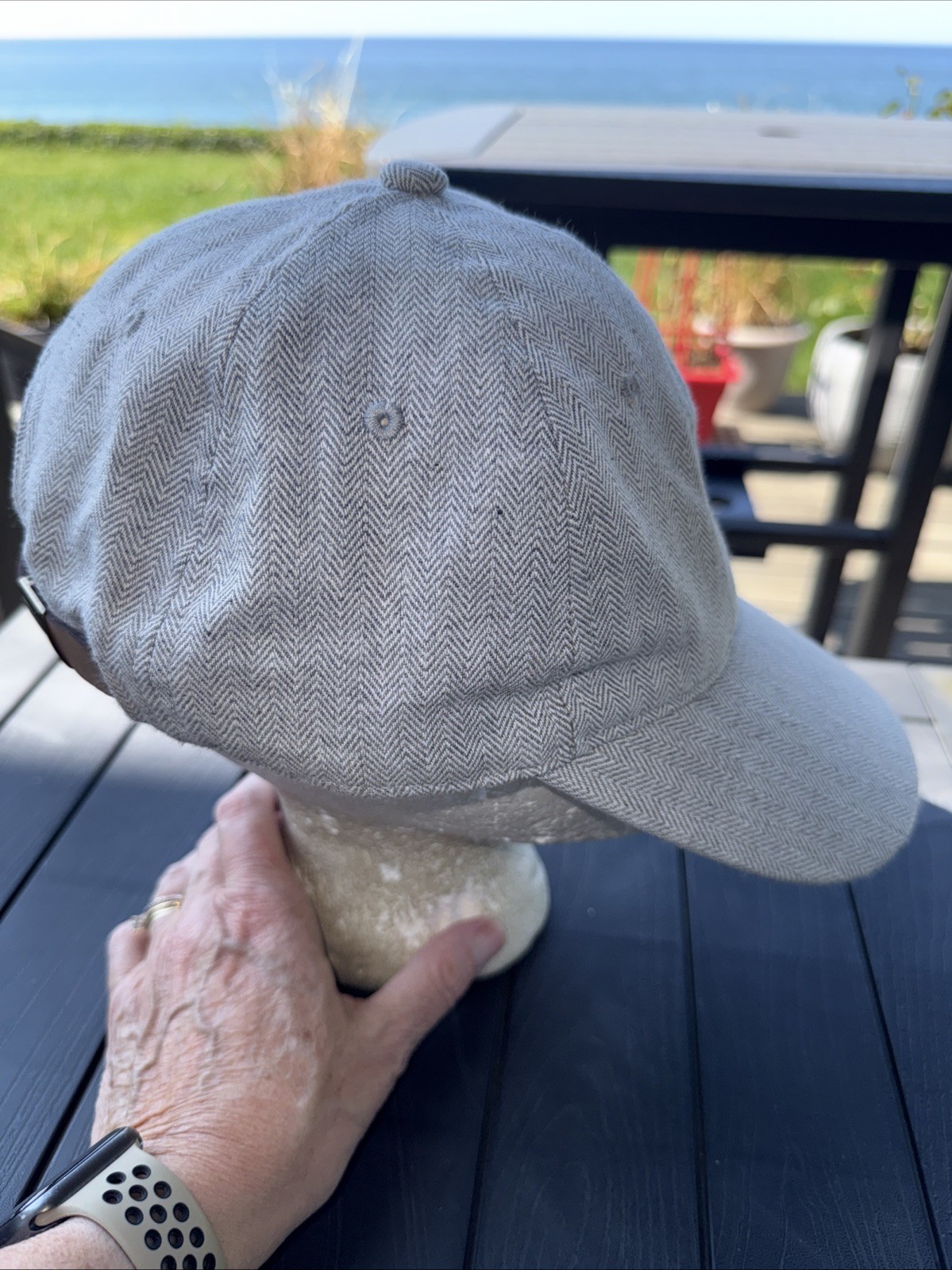 Herringbone fabric pattern Gray White Hat Cap Leather Strap Buckle EUC