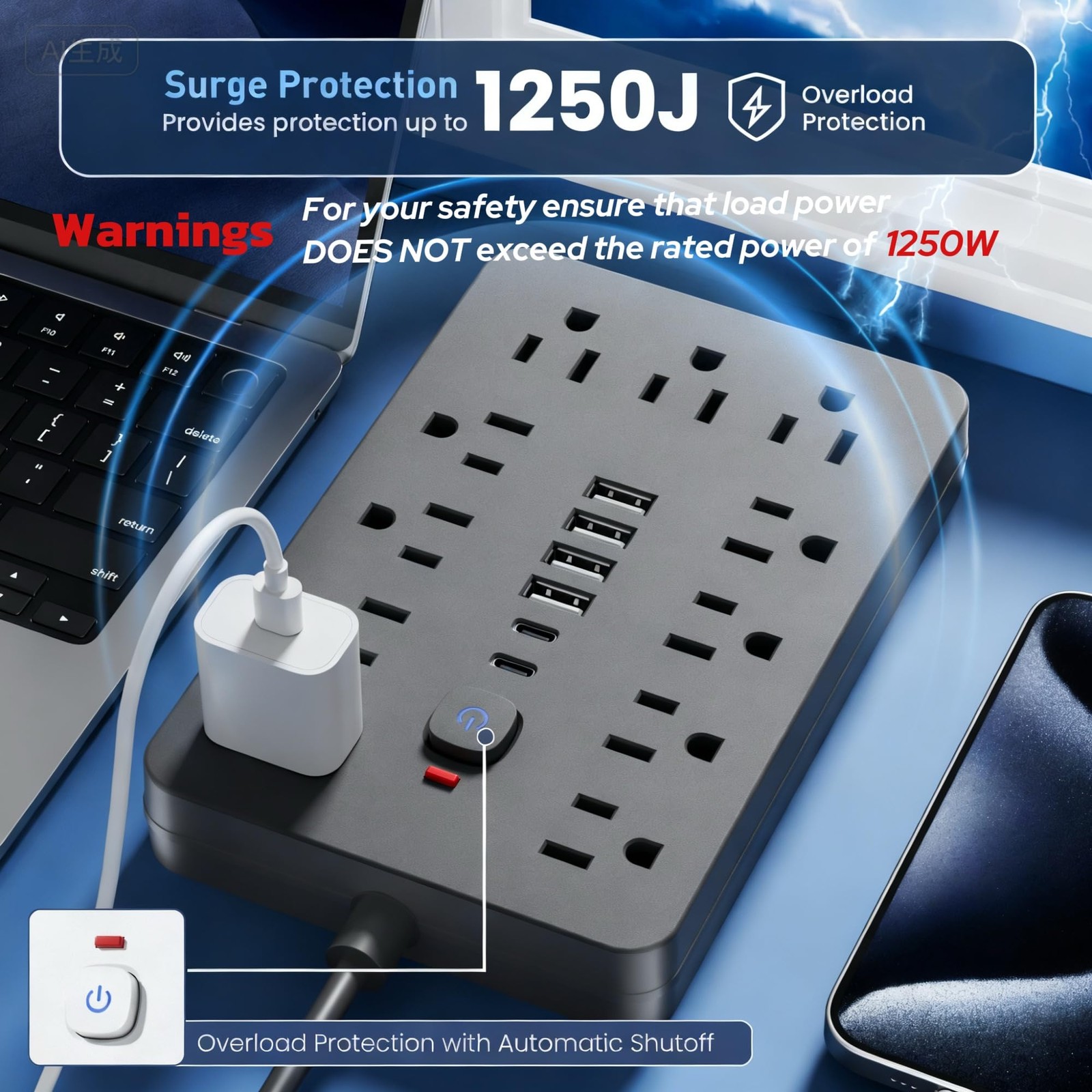 JouleLoom 2PCS 6 FT Flat Plug Surge Protector Power 6 FT-2Pack, Black