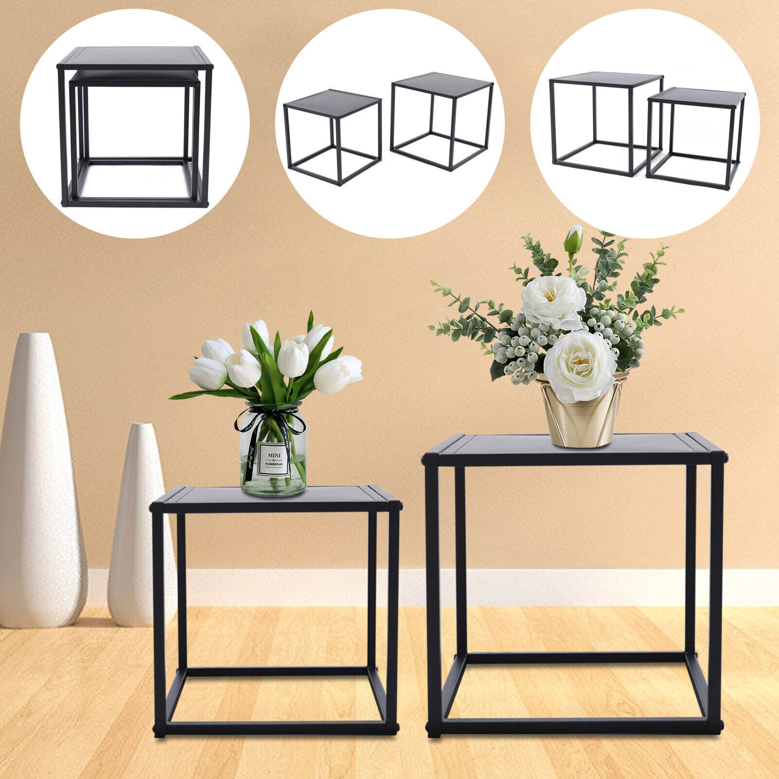 2x Square Coffee Table End Table Modern Metal Side Table Matt Black Home Office