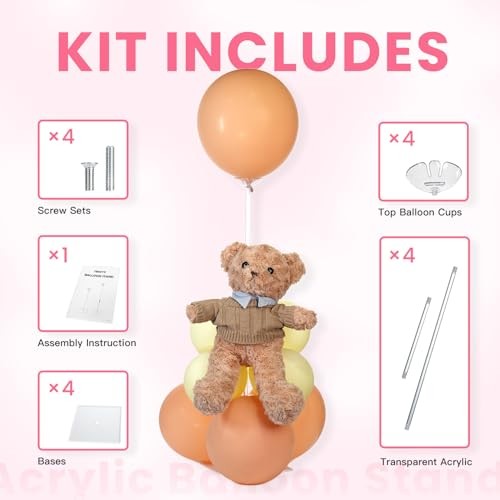 Clear Acrylic Balloon Stands for Table, Adjustable Height 15.75 Inch, 4 Pack
