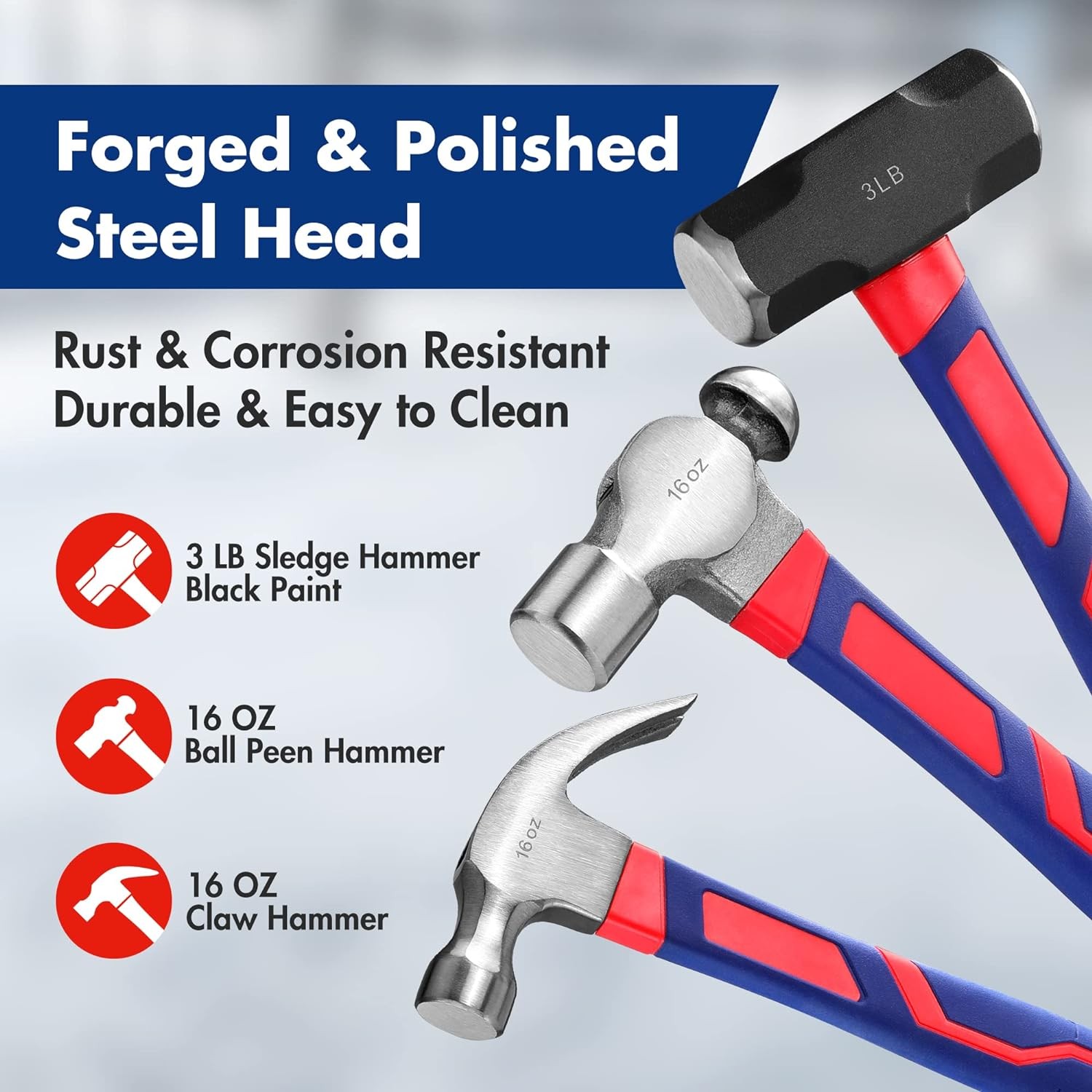 5-Pc Hammer Set: Rubber Mallet, Claw, Ball-Peen, Sledge