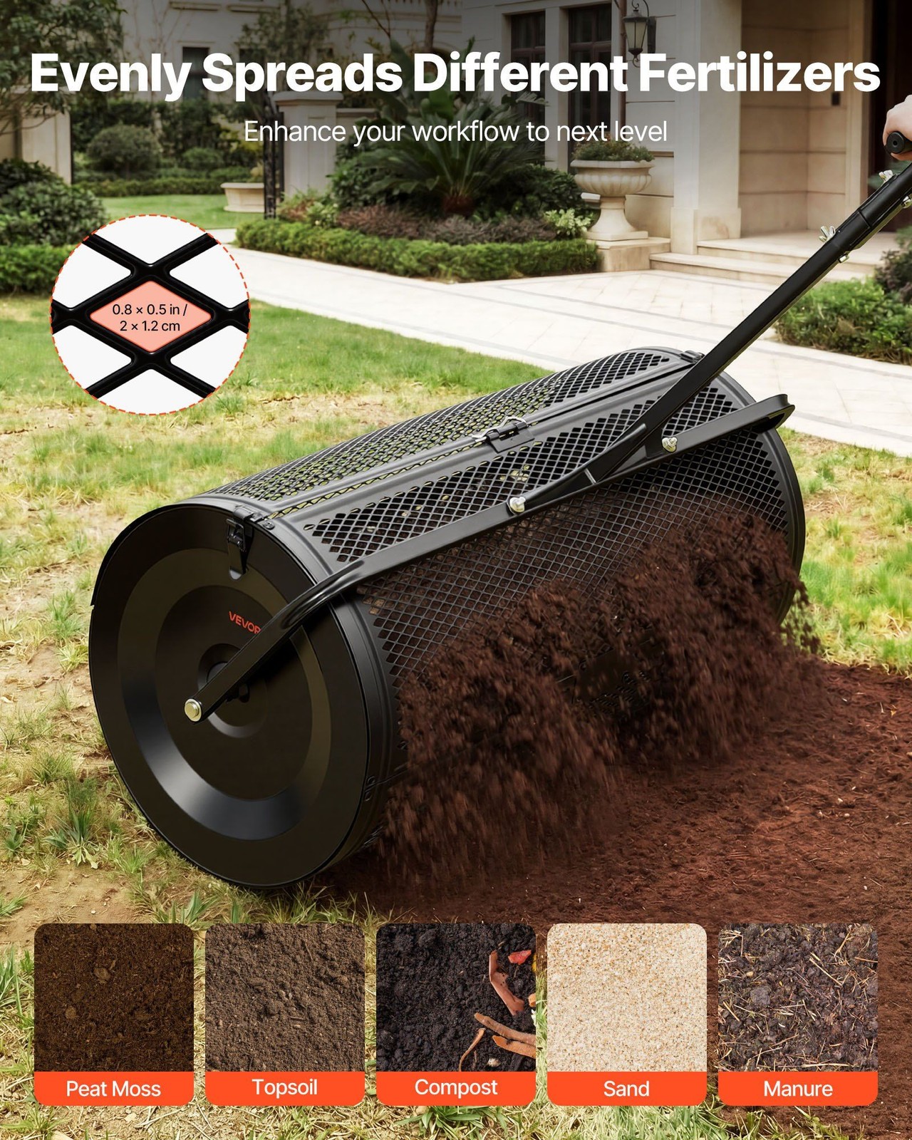 Peat Moss Spreader 36in, Steel Drum 4.1cu ft, Diamond Mesh, Push or Tow, Black
