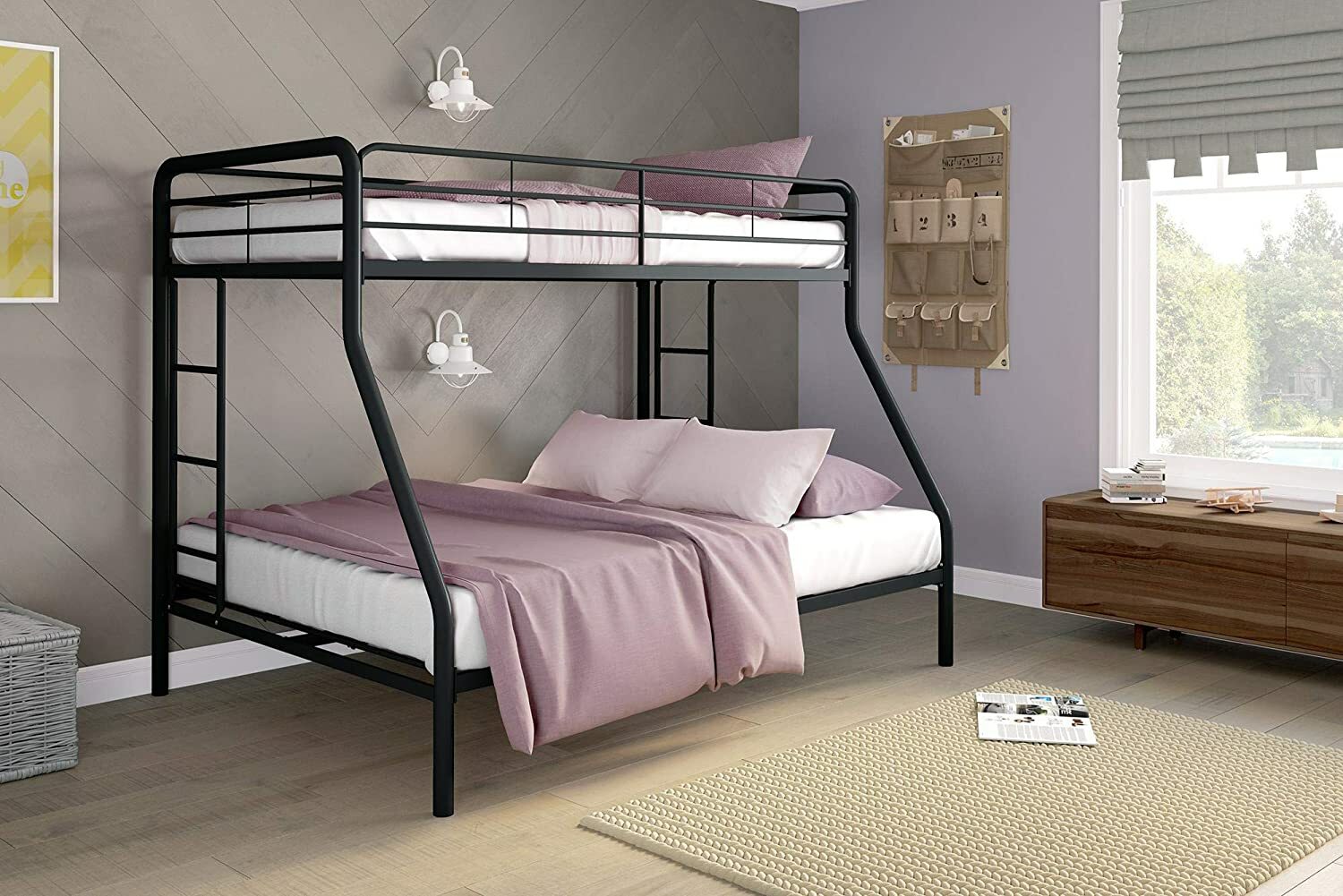 Black Metal Twin Over Full Bed Frame Bunk Beds Kids Teens Dorm Bedroom Furniture