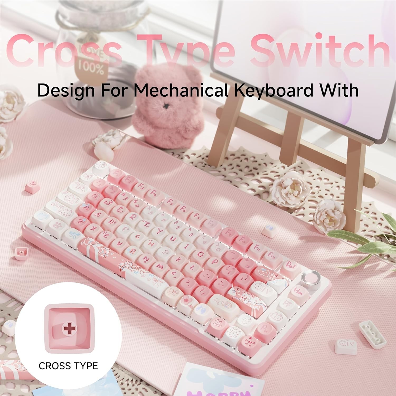 Pink MOA Cute Cat Keycaps 121 Keys Double Shot PBT Custom Universal Set