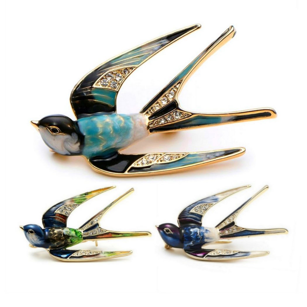 CUTE SWALLOW PIN 1.9" Gold Blue Green Teal Enamel Flying Bird Brooch Rhinestone