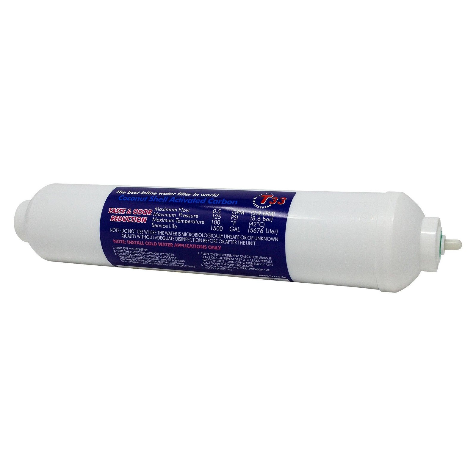 GAC T33 Inline CTO Carbon Water Filter w/ 1/4" OD Quick Connect NSF Certified