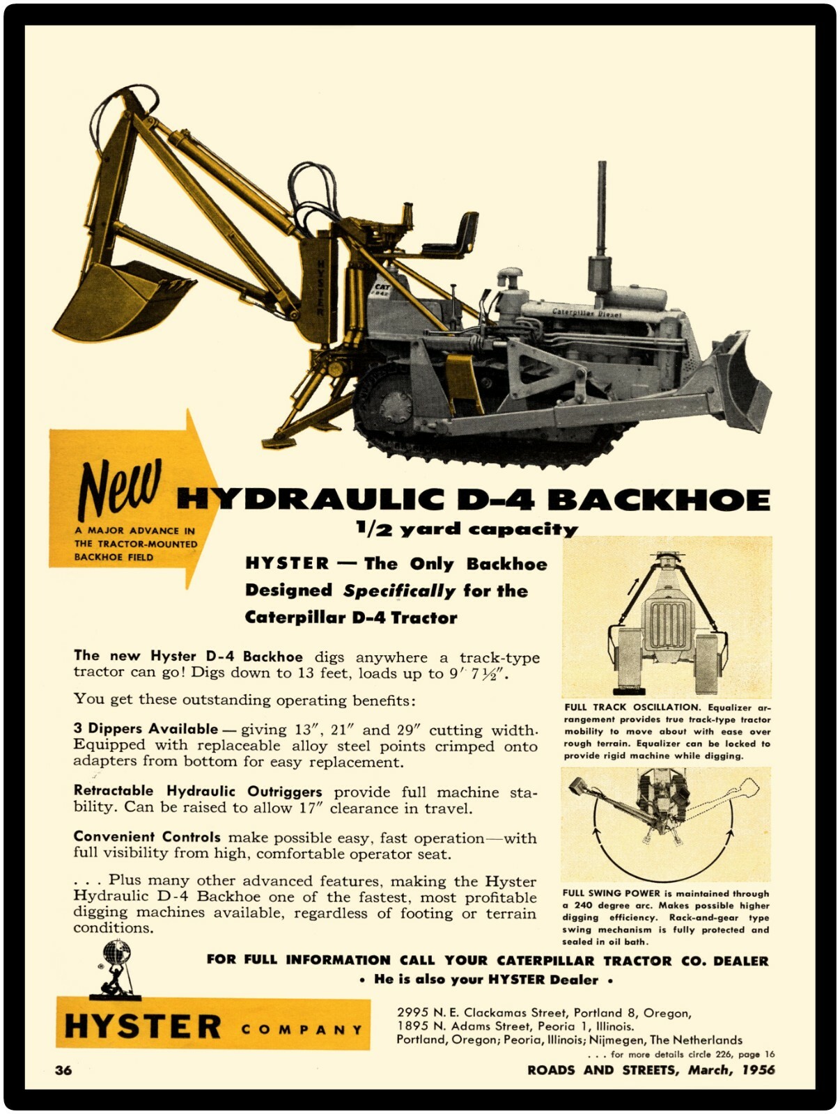 1956 Hyster Company New Metal Sign: Hydraulic D-4 Backhoe Large Size: 12 x 16"