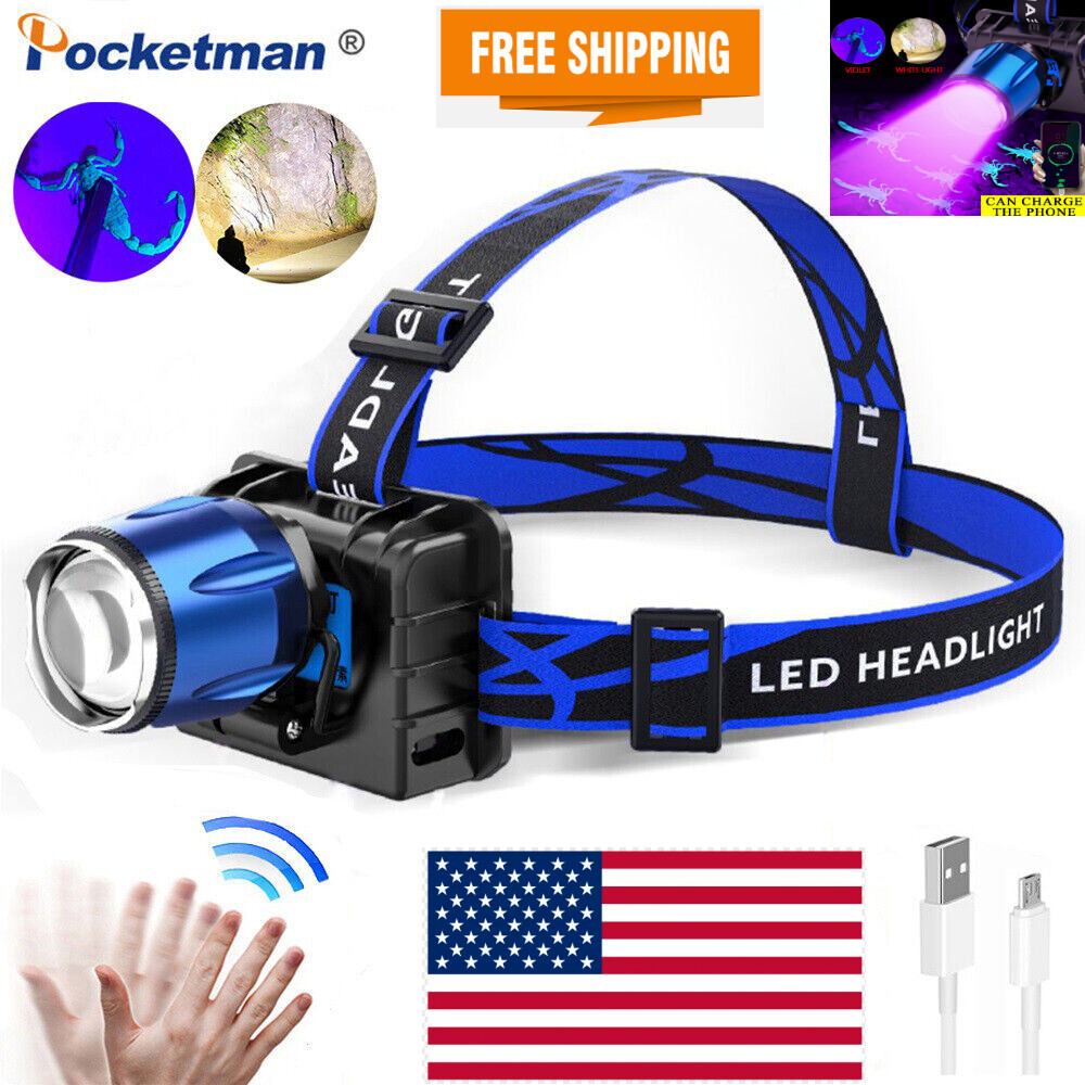 1000000LM UV Purple +White Light LED Headlamp 3 Models Torch Violet Headlight