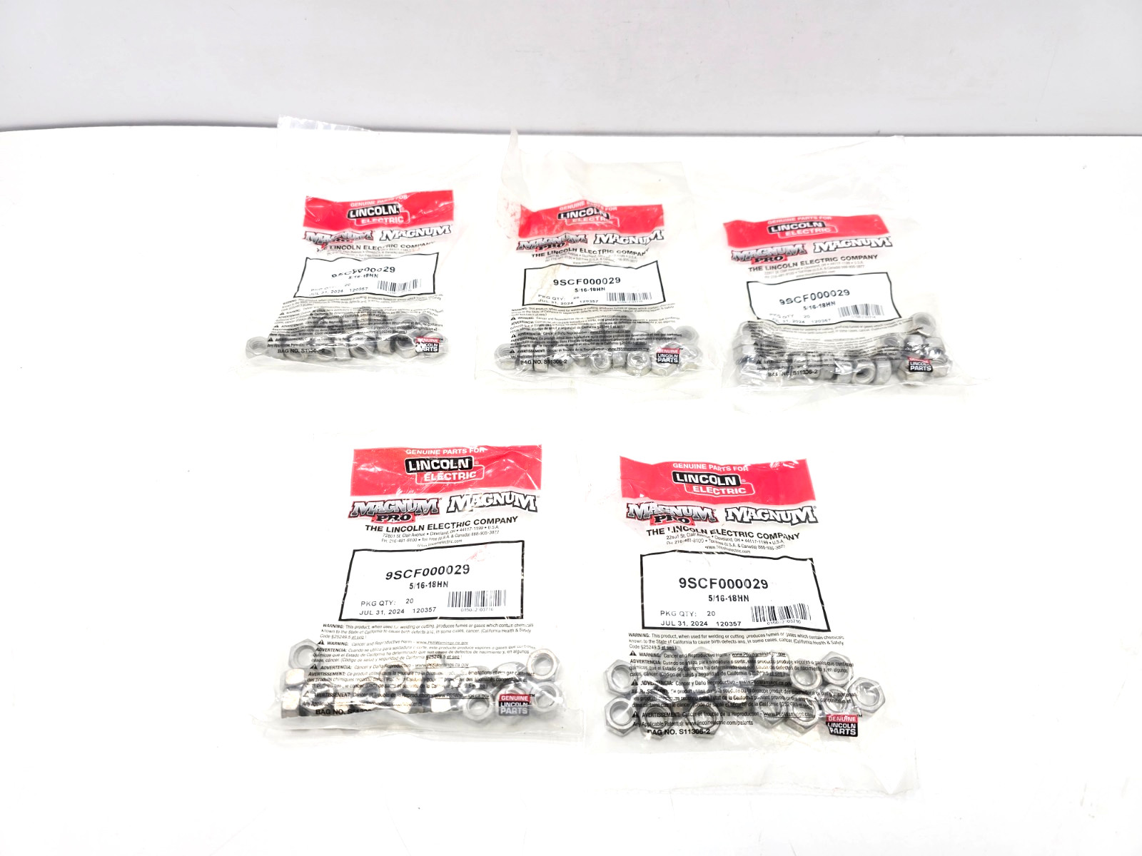 9SCF000029 LINCOLN ELECTRIC 5/16-18HN ( 20 X 5=100 ) (20 EACH PACK ) LOT OF 5