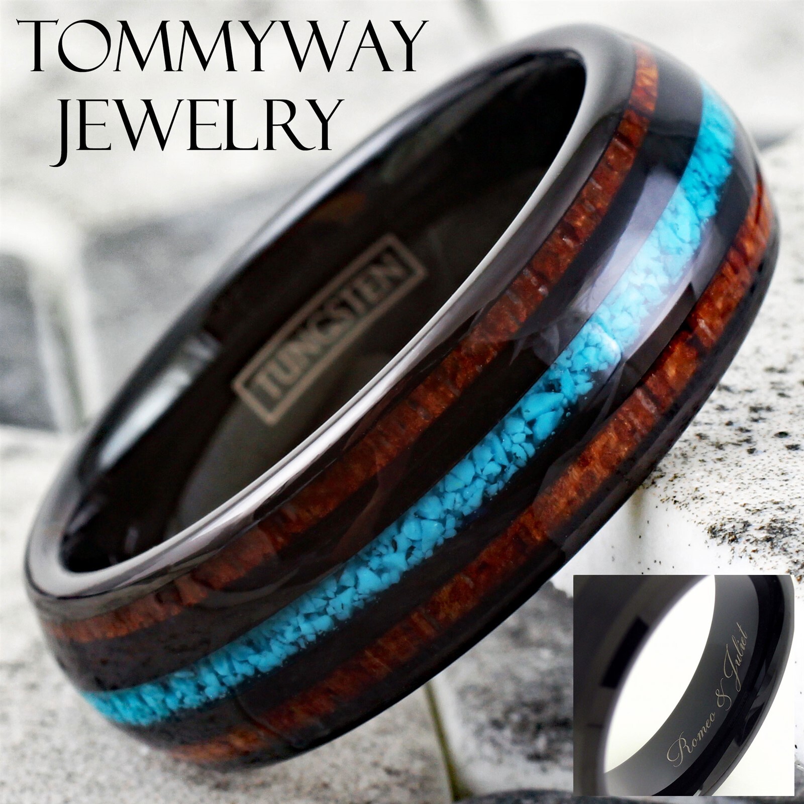 Engraved 8mm Black Tungsten Koa Wood w/ Crushed Turquoise Stripe Men's Ring