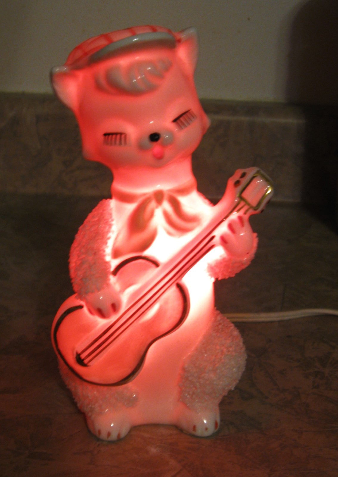 Vintage 50's Japan IW Rice & Co  Porcelain White Cat Playing Guitar Night Light