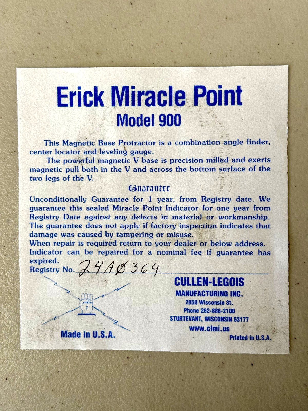 Erick Miracle Point #900 Centering Head Magnetic Protractor USA Angle Center