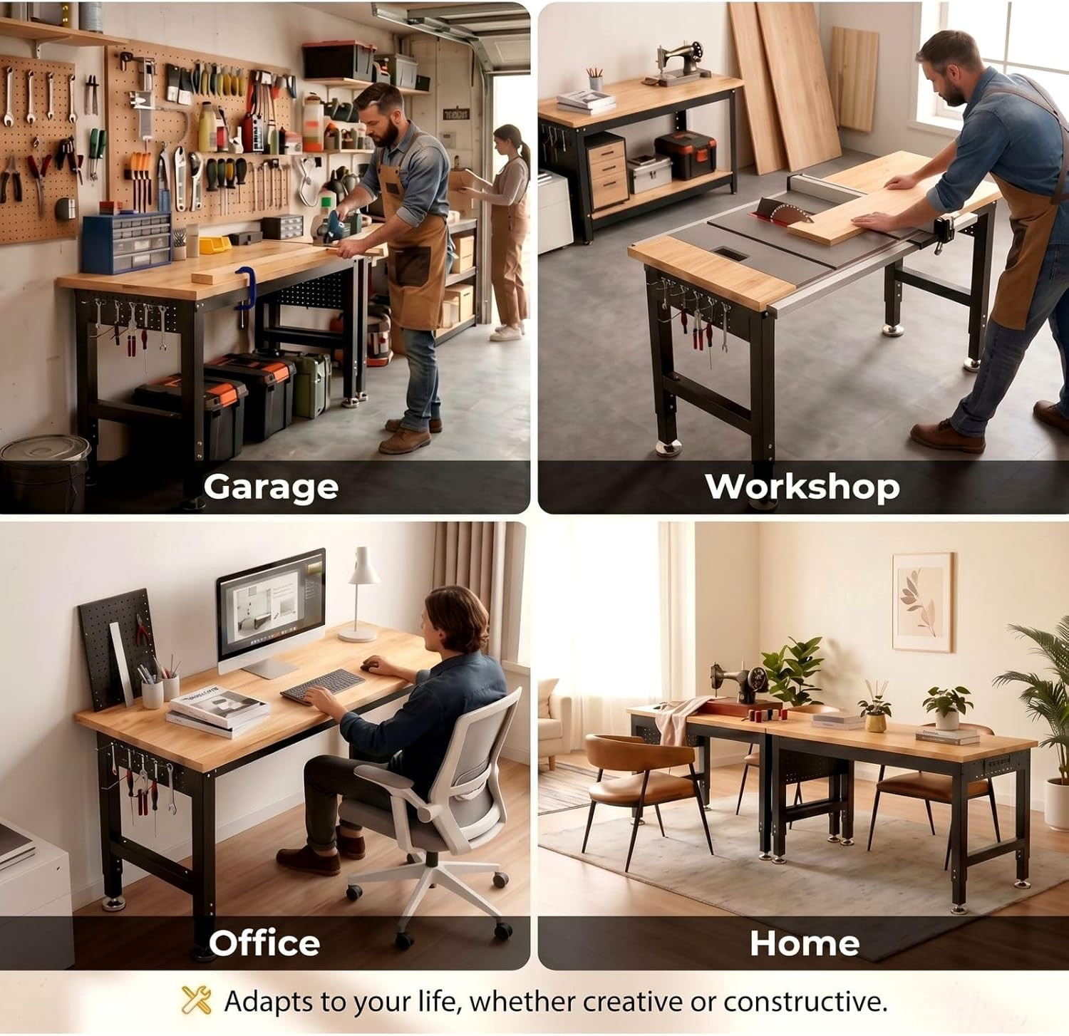 TLGREEN 48" Adjustable Workbench | Solid Rubberwood Top | 2000Lbs Heavy-Duty Wor