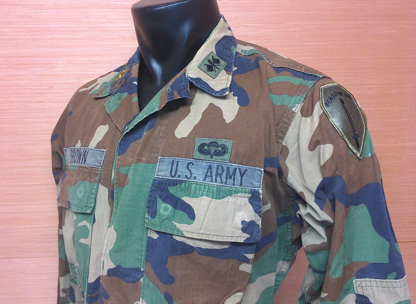 US Army Major Rank Signal Corps Jump Woodland Camo Jacket Coat Sz Small Regular