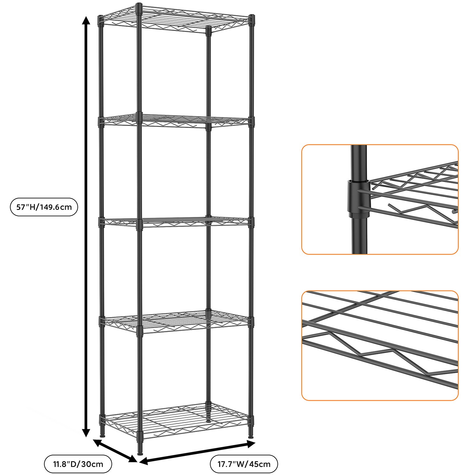 5 Tier 57"H Adjustable Balck Wire shelves Industrial Metal Storage Shelves
