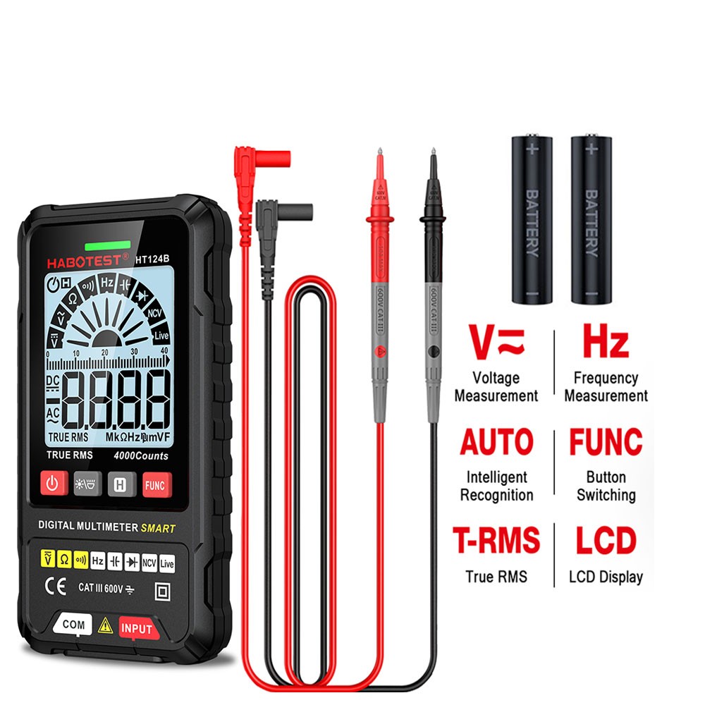 HABOTEST HT124B AC DC Handheld Multimeter Volt Ohm NCV True RMS with Battery