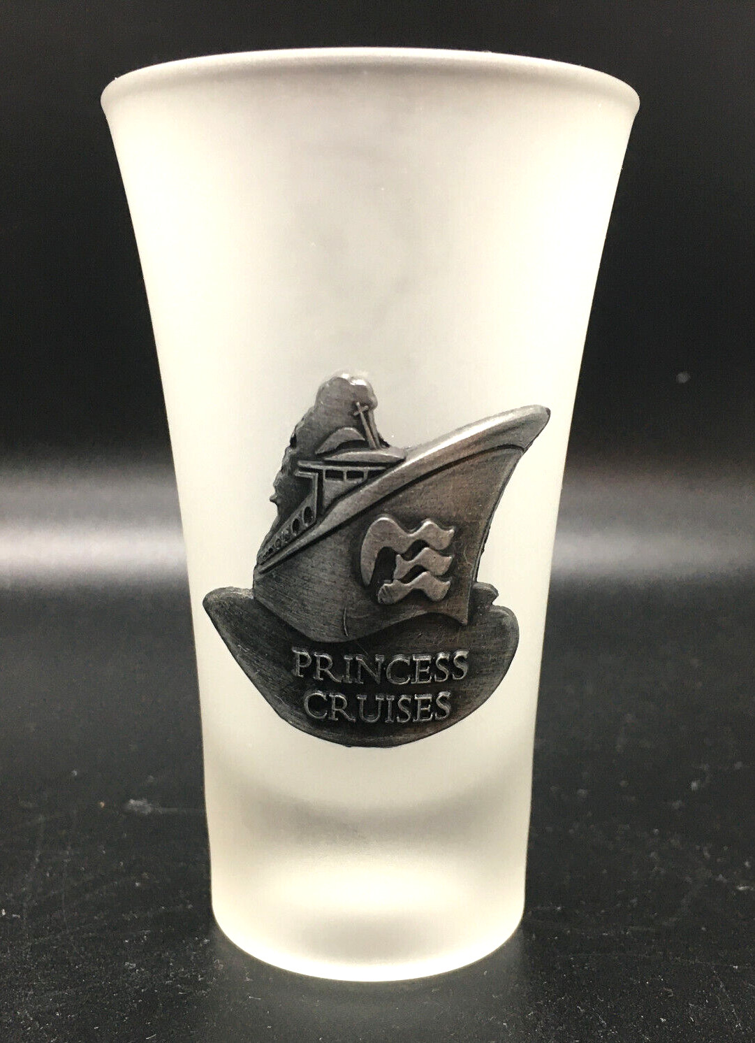 Princess Cruises Frosted Shot Glass Applied Pewter Ship Plaque Tall 3 1/2 IN