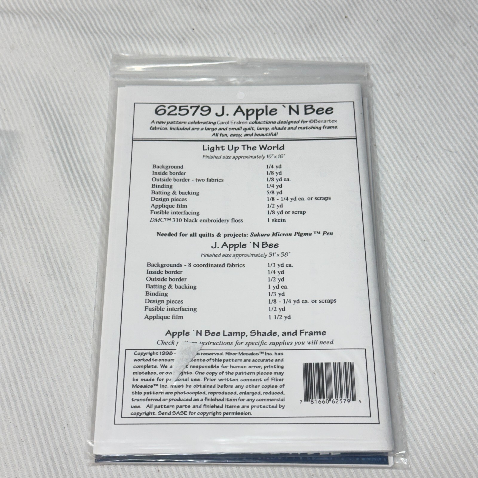 QUILTING / SEWING PATTERN 62579 J. APPLE 'N BEE BY FIBER MOSAICS
