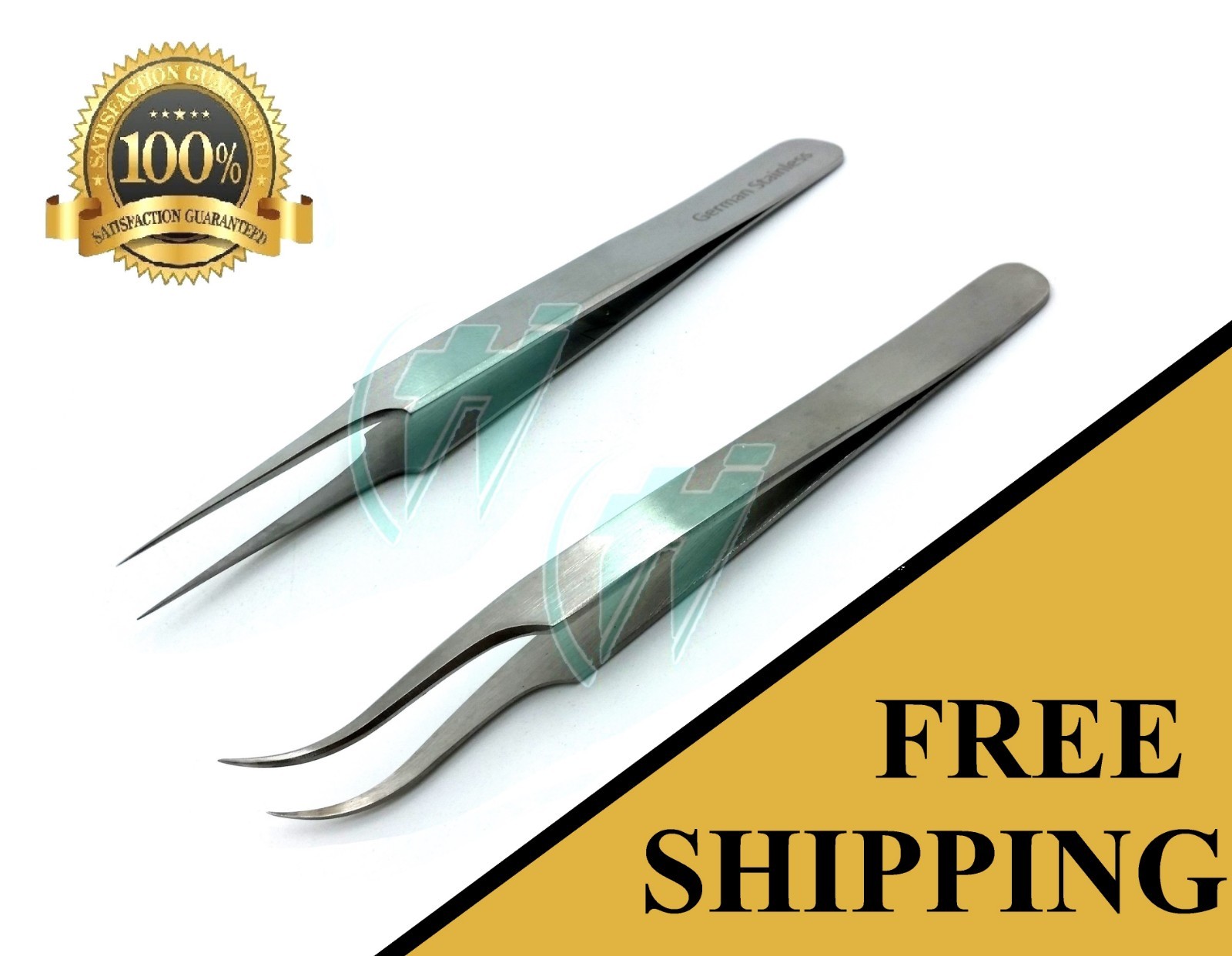 2 Pcs Eyelash Extension Tweezers Straight & Curved Stainless Steel Set