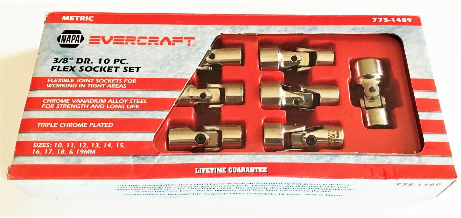 10pc NAPA EVERCRAFT PROFESSIONAL FLEXIBLE UNIVERSAL FLEX SOCKET SET MM 775-1489