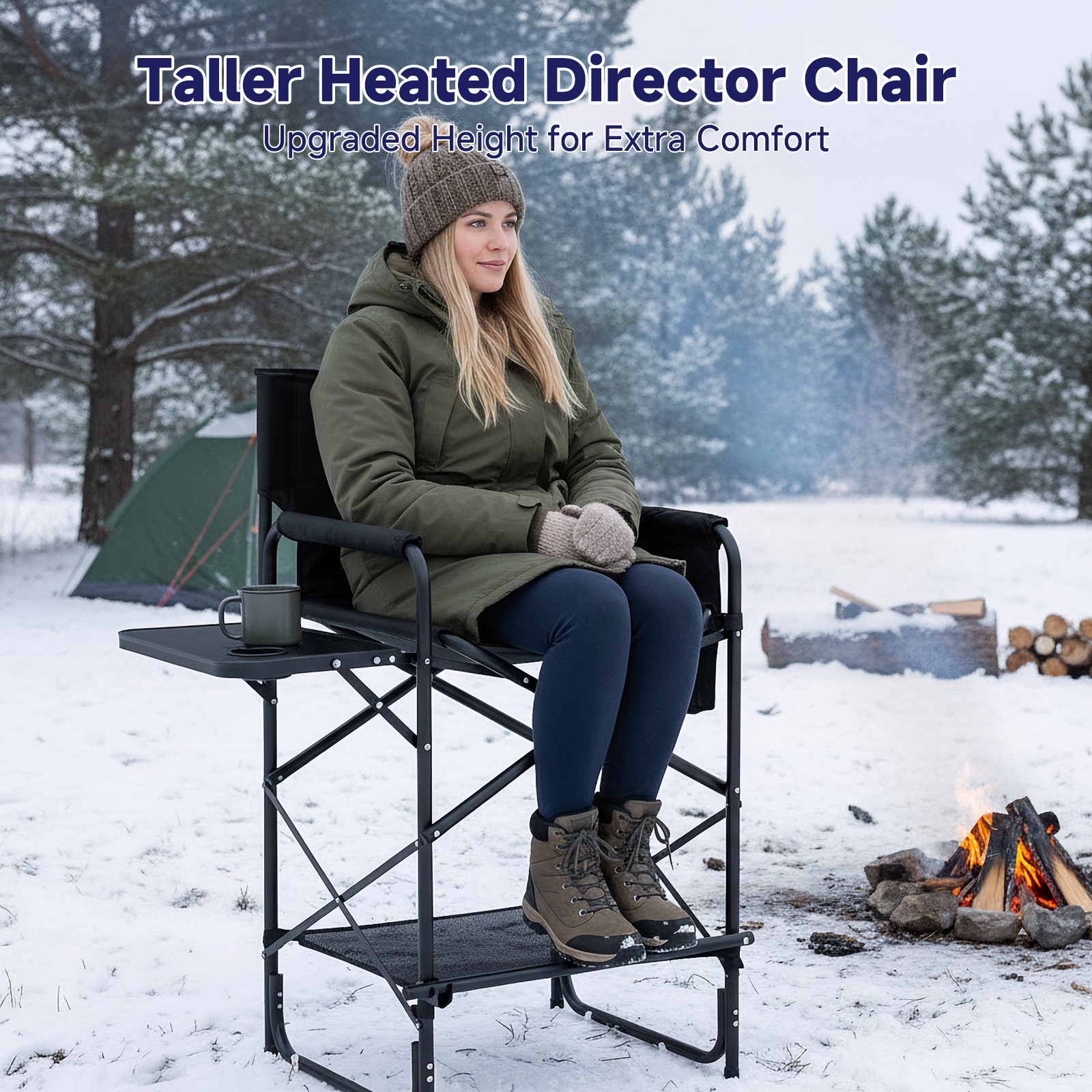 Heated Directors Chair - 3 Temperature Levels & Tall Camping Design