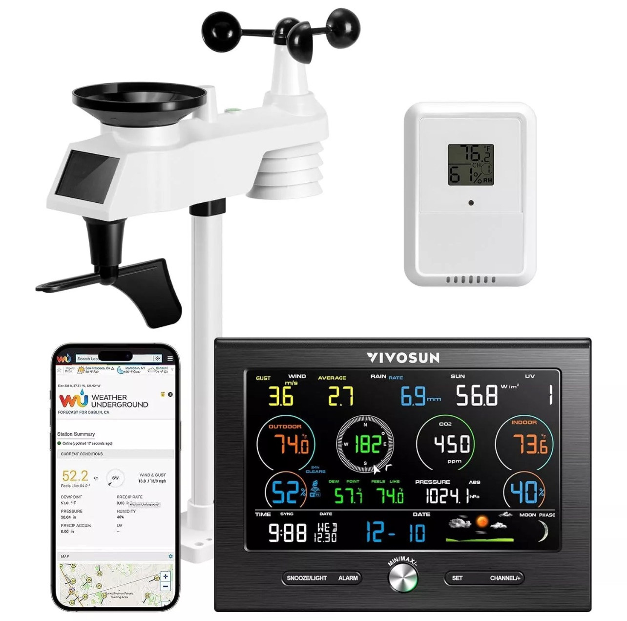 VIVOSUN 18-in-1 Wi-Fi Wireless Weather Station 24-48H Forecast w/ 7.6" Display