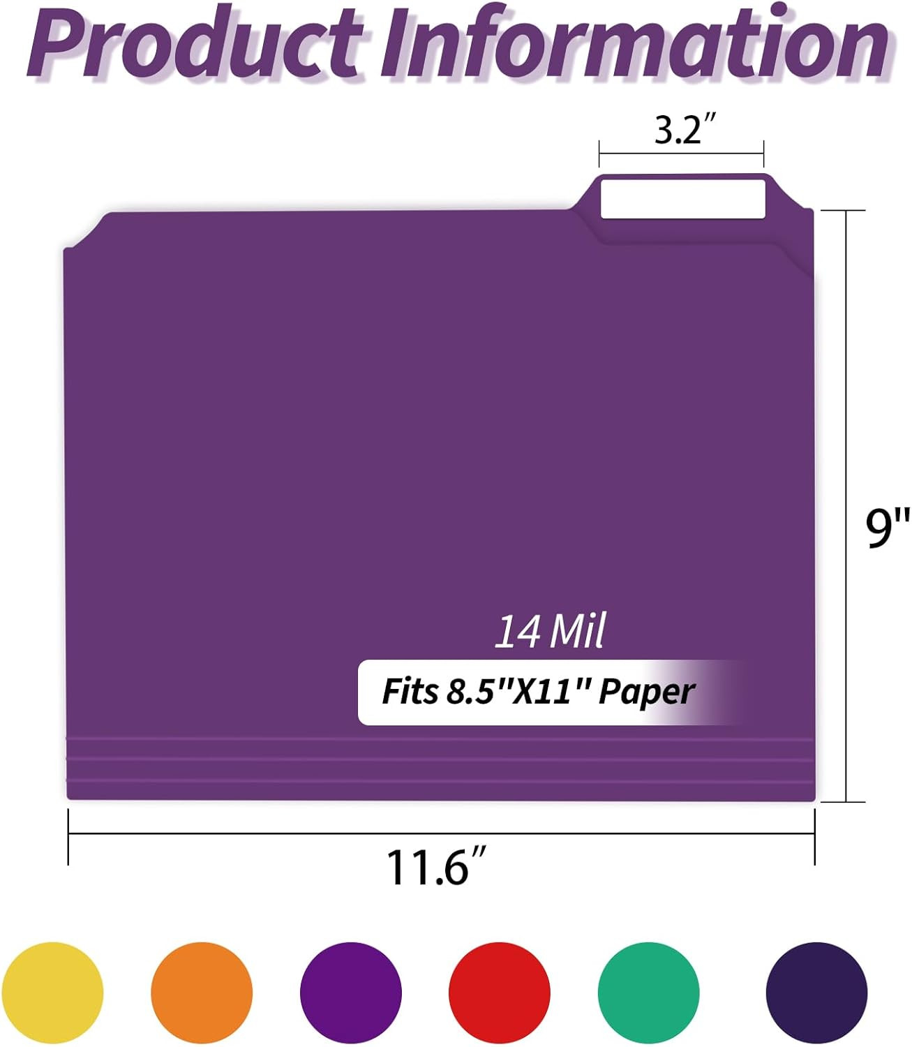 Plastic File Folders with Tabs, 6 Pack Colored Plastic Folders, 1/3 Cut Tabs