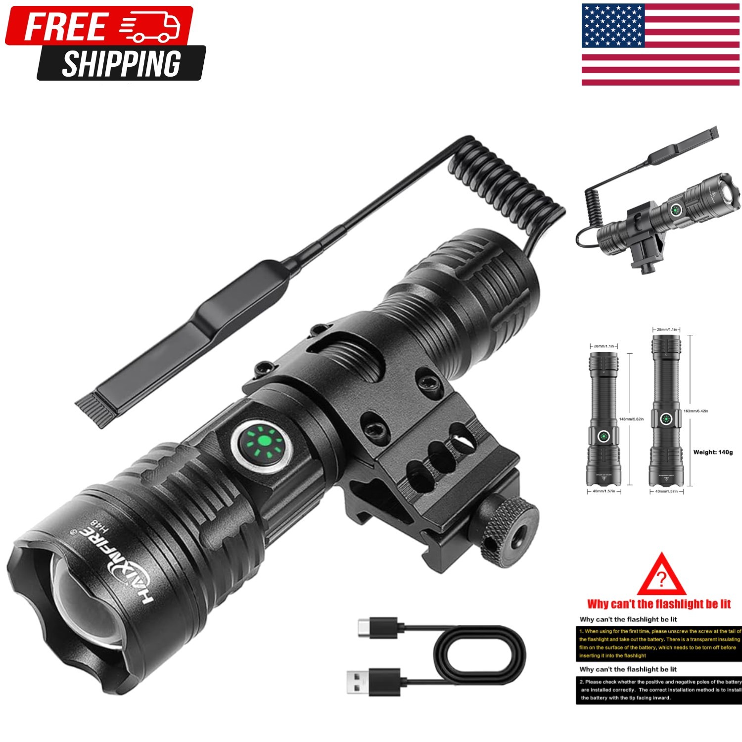haixnfire Tactical Flashlight Type-C USB Rechargeable 6000 lumens Zoomable LED W