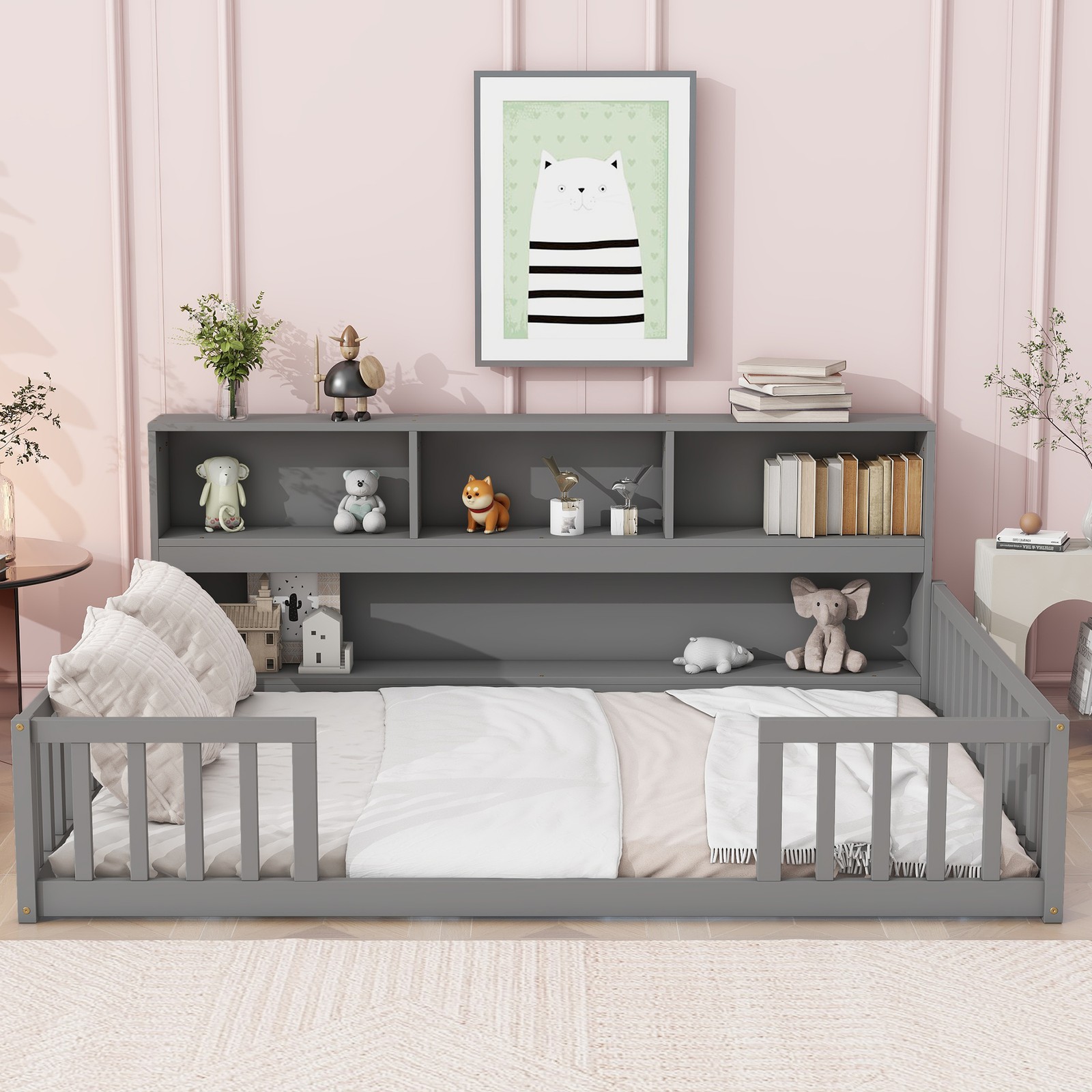 Full Floor Bed w/ Side Bookcase Shelves Guardrails, Grey Pine Wood Frame