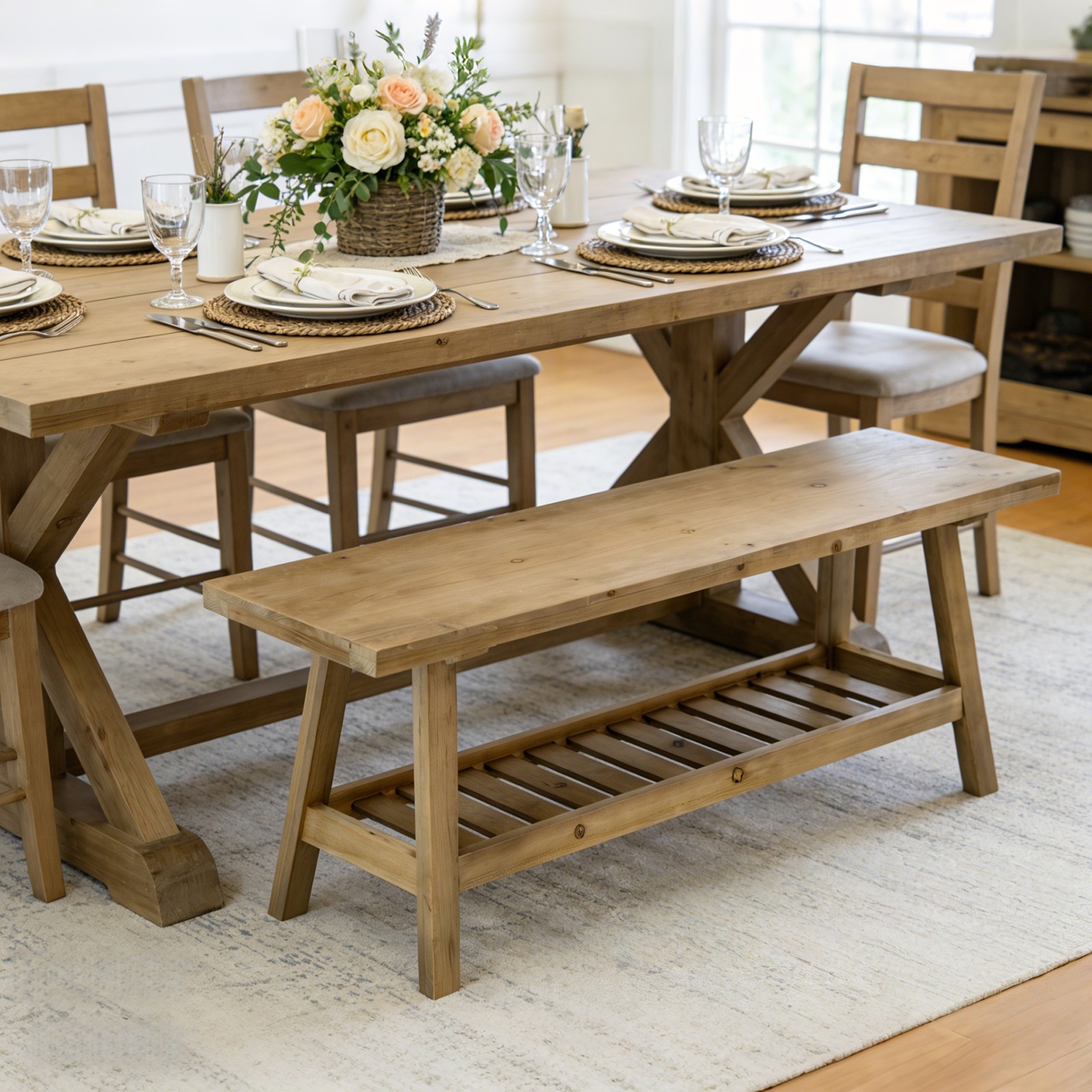 43" Rustic Farmhouse Bench with 2-Tier Open Storage Shelf