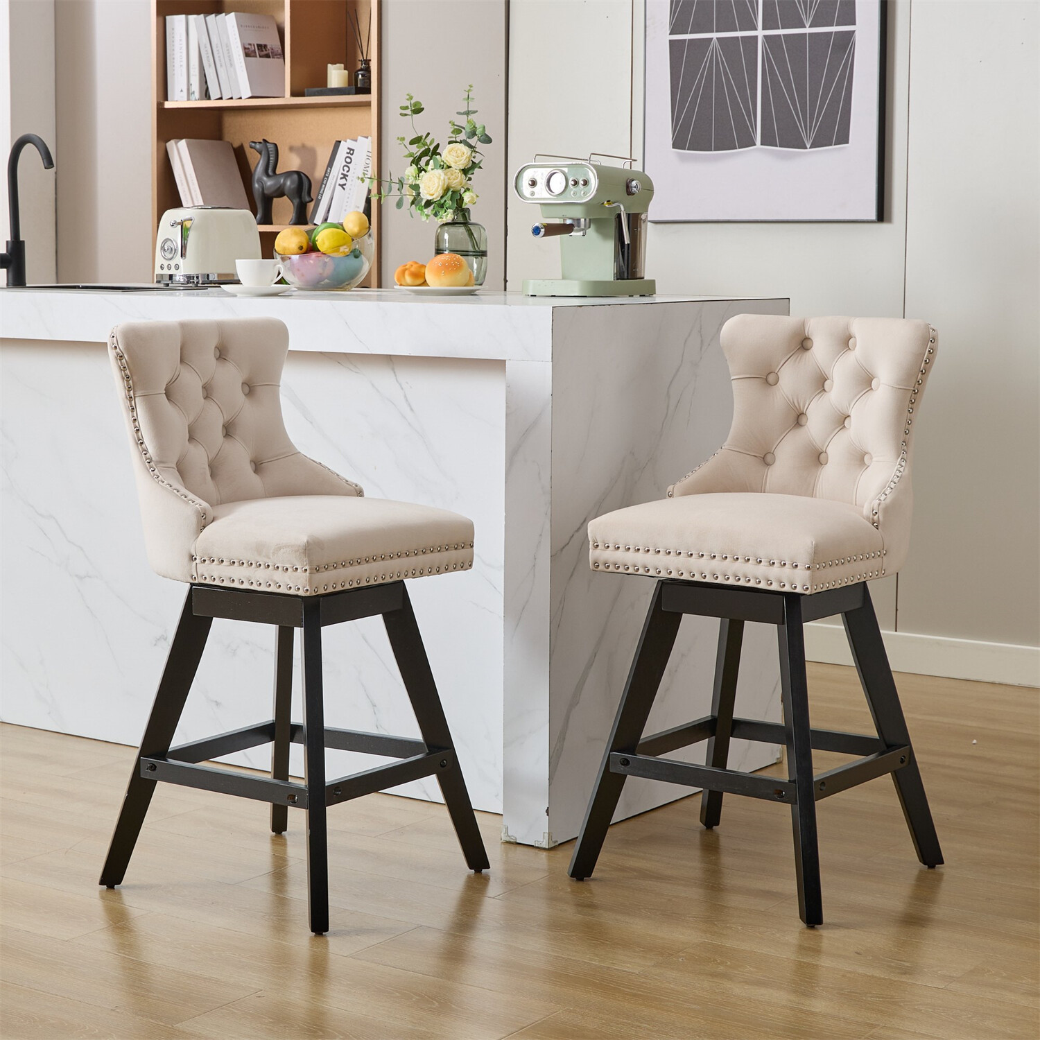 Set of 2 Swivel Velvet Bar Stools Bar Chair Counter Height Dining Chair