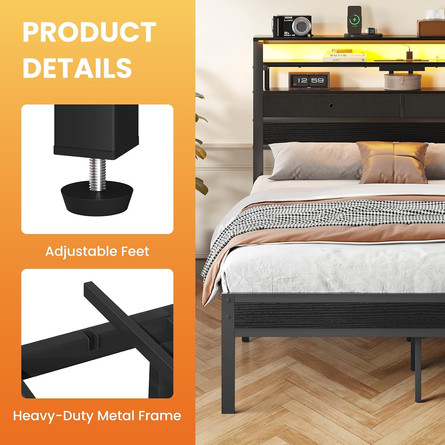 Queen Bed Frame with LED Lights and Charging Station, Platform Bedframe with Sto
