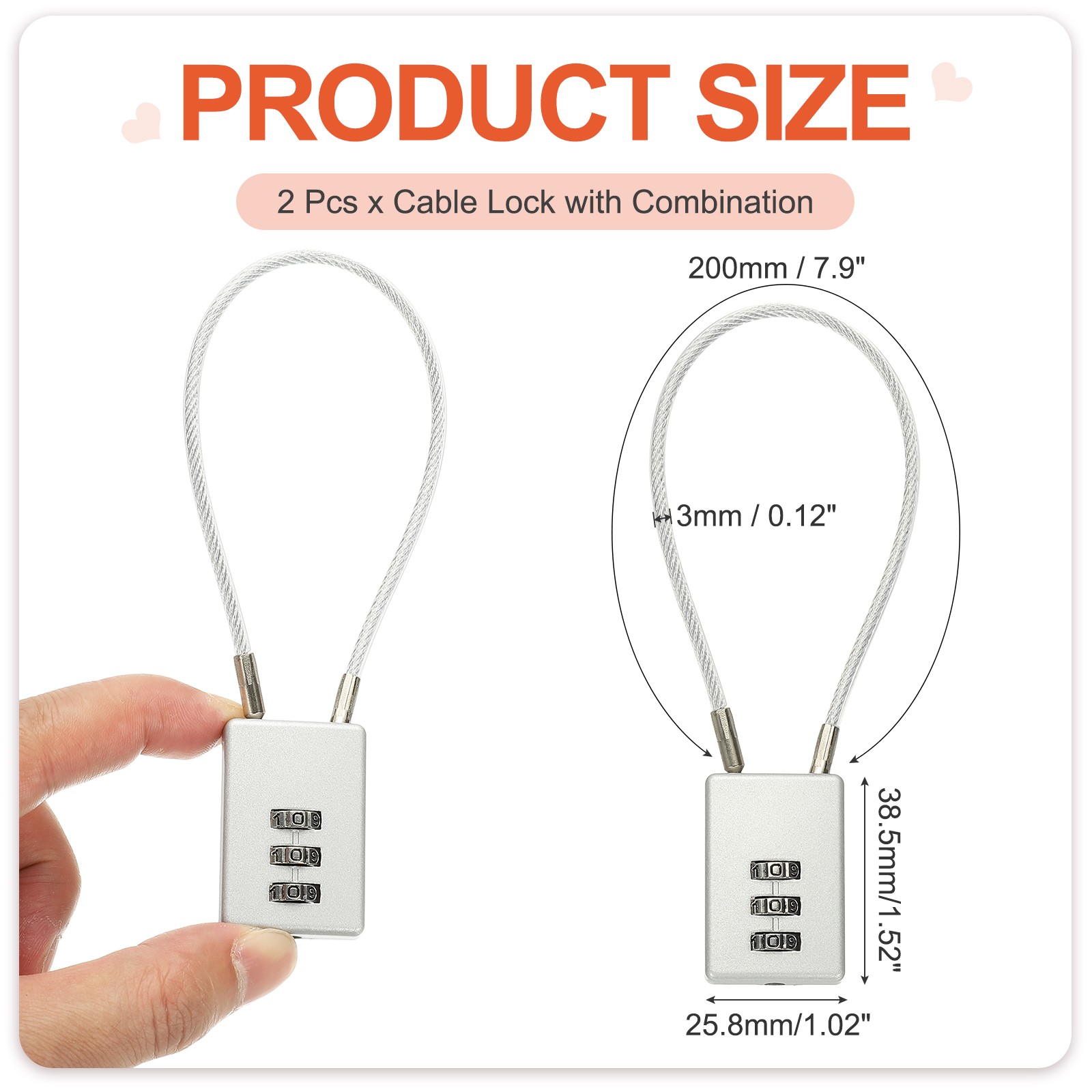 2 Pcs 3 Digit Cable Lock with Combination 7.9" Steel Rope Silver