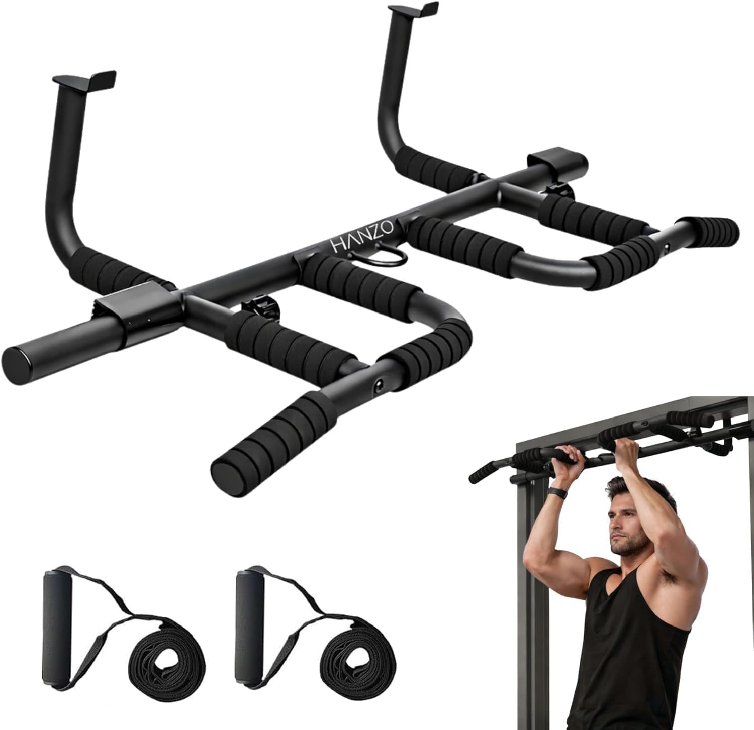 HANZO Doorway Pull Up Bar Set with Suspension Straps – Multi-Grip Chin Up Bar...